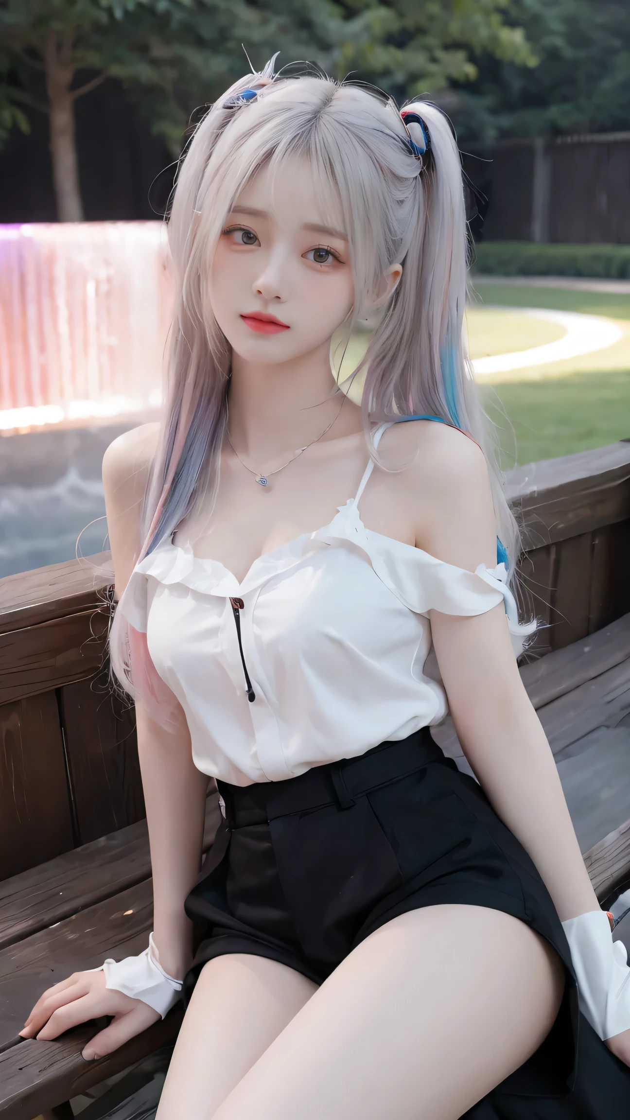 high definition , 8k, 1 girl, Look at the audience , Very Long Hair , White hair, rainbow hair , multicolored hair , , chest , seductive face color ,Slim legs, Sexy Gesture,necklace,earring,bangle, Women's Shirt, shorts,outdoor