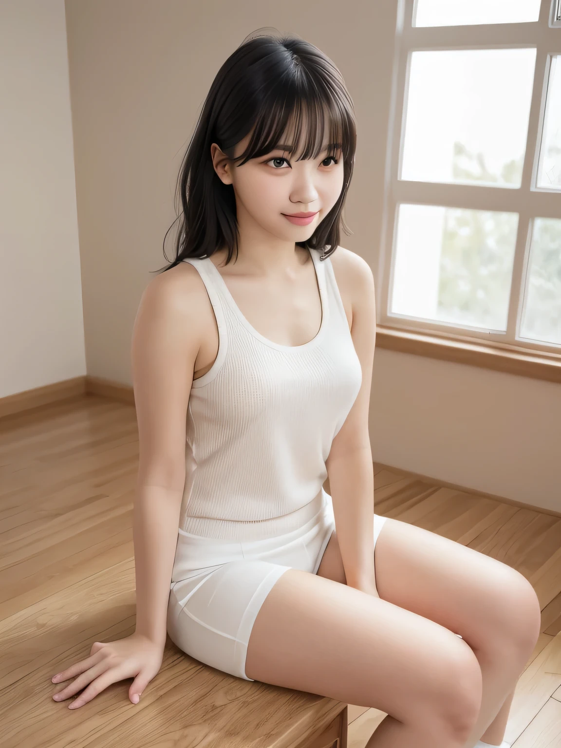 A young person sits on the polished wooden floor of a brightly lit gymnasium, their knees pulled close to their chest with arms wrapped securely around their legs. White panties are visible. The soft light from tall windows reflects off the glossy floor, casting gentle patterns around them. Their relaxed posture suggests a moment of quiet contemplation or rest, as they gaze thoughtfully at the open space ahead. The gym walls, marked with faded sports lines and a few scattered pieces of equipment, frame the serene yet reflective atmosphere. 20-year-old woman. smiles gently, FRIENDLY. ( RAW photos , top quality ), ( realistic, photo- realistic:1.4), masterpiece, Extremely Delicate and Beautiful, extremely detailed, 2k wallpaper, amazing on the beach, detailed depiction , extremely detailed CG unity 8k wallpaper, ULTRA DETAIL, high res, Soft light, beautiful detailed girl looking back, extremely detailed eyes and face, beautiful detailed nose, beautiful detailed eyes, cinematic lighting, Perfect Anatomy, slender body.