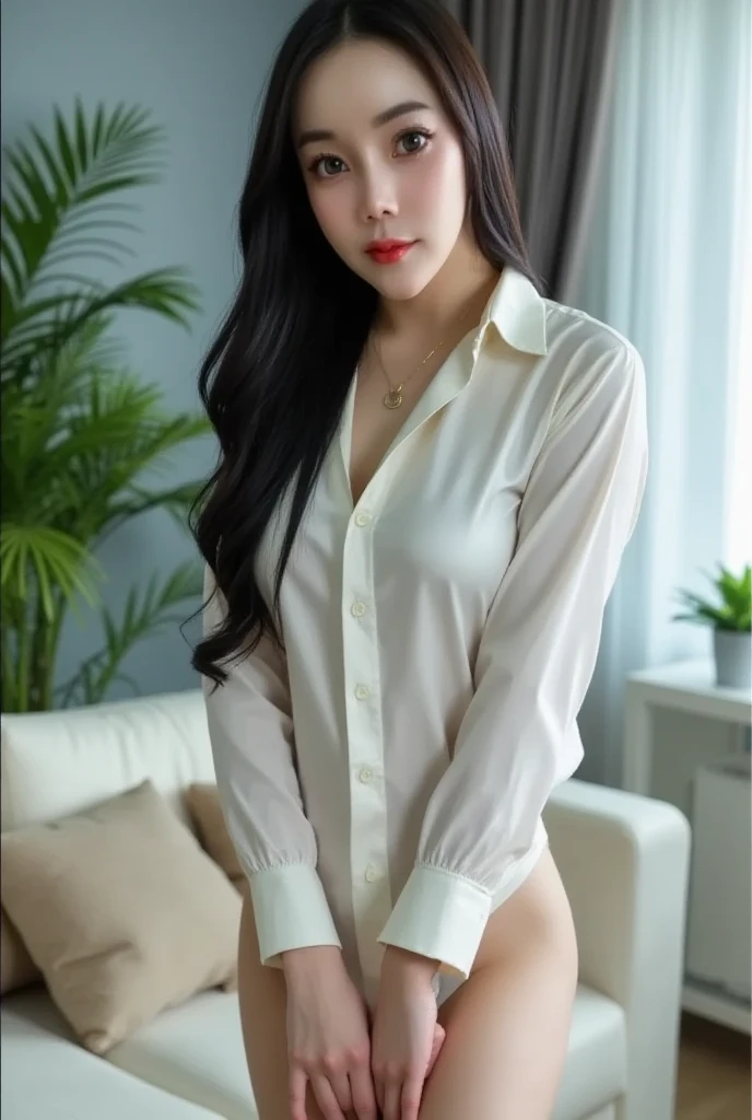 (((Draw only one woman: 2))), Beautiful woman wearing only baggy white long sleeve shirt, Sitting on a stylish bedroom bed, 20-year-old beauty, ((1screen)), in 8K, RAW shot, top quality photo, masterpiece, Nice realistic photos, ((Anatomically correct proportions: 1.5)), ((Perfect proportions)), ((beautiful woman like a Japanese actress) ), A detailed face, A detailed eye, Narrow Nose, Detailed fingers, detailed arms, Detailed skin, Detailed legs, short torso, Slender body, Thin thighs, Large breasts, Shadow, Crotch wrinkles, Small beautiful ass, Shy smile, White dress shirt with collar and front buttons, Unbutton the top four buttons, Men's Shirts for Students, Highly revealing panties visible through the gap
