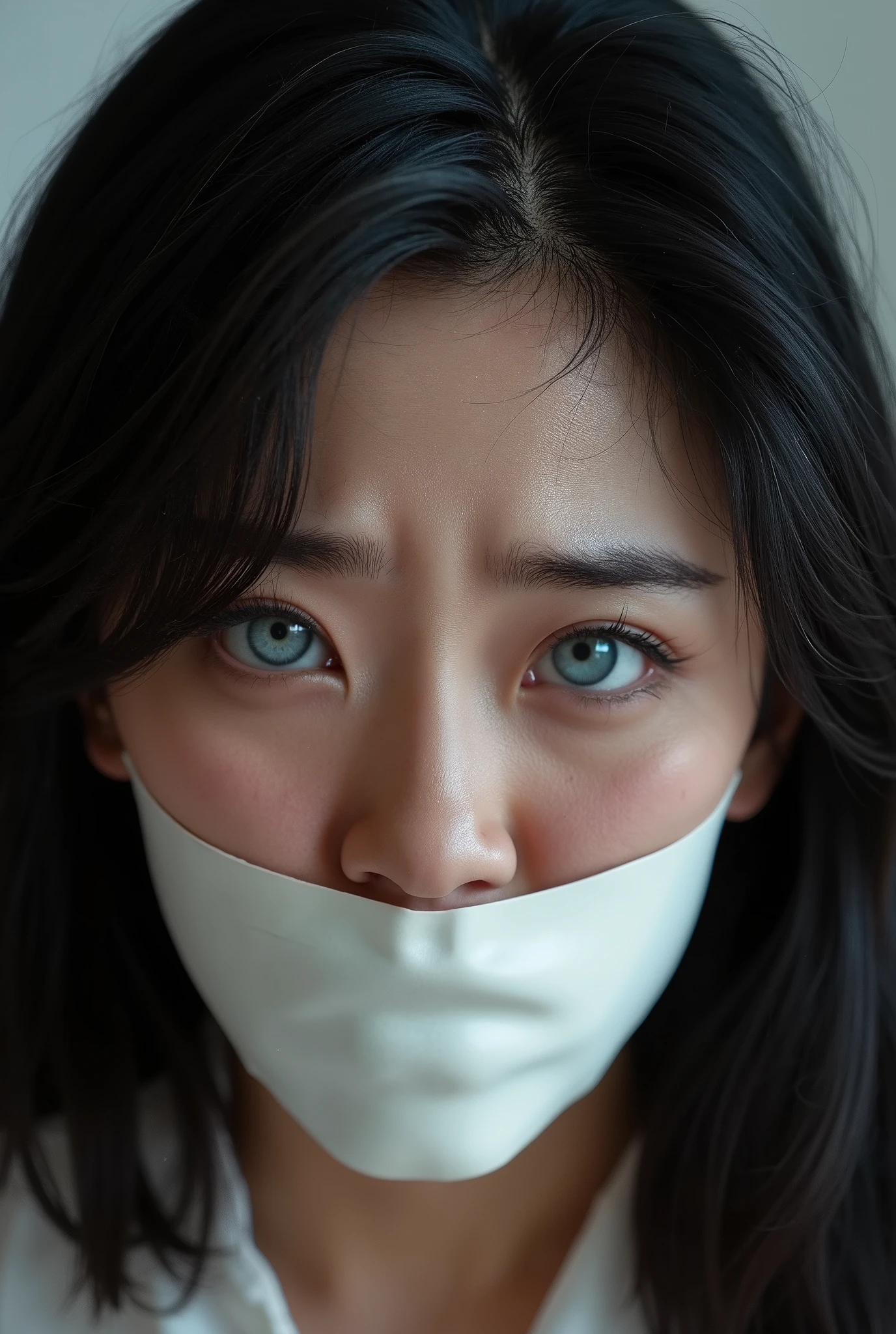 high detail, close up of a beautiful girl's face, Asian, slightly wavy, shoulder length, shiny black hair, large, shiny blue eyes, small, straight nose, mouth gagged, mouth sealed with duct tape, angry