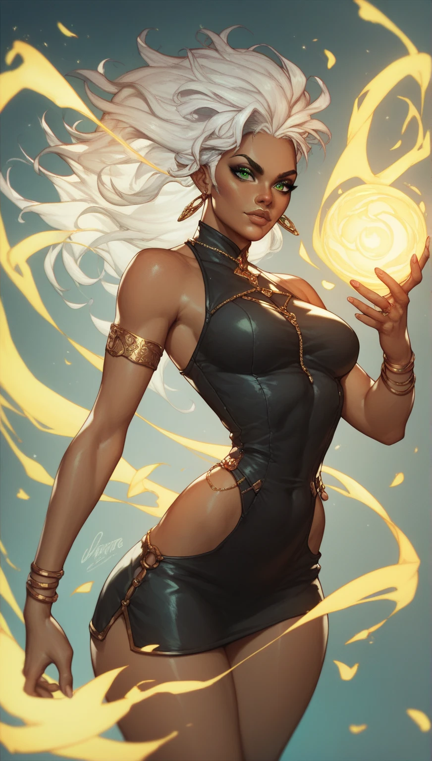 ((masterpiece,best quality)), solo, fire hair, ice hair, 1girl, from below, Twinrova, white hair, beautiful face, long hair, thick hair, big hair, twintails, white hair, very long hair, big hair, gold chains, jewelry, anklet, bangle, thighlet, armlet, bracelet, bondage, dancing, arched back, gold shackles, gold restraints, collar, climax, seductive smile, seductive_pose, sultry_pose, sexy_pose, belly_dancer, showgirl, burlesque, tan skin, eyeshadow, nude, naked, nipples, vagina, jewelry, sorceress, heterochromia, glowing eyes, gigantic breasts, slender waist, long legs, pectorals, forehead jewel, burlesque striptease, pin up, witch, magic, two wands, nsfw