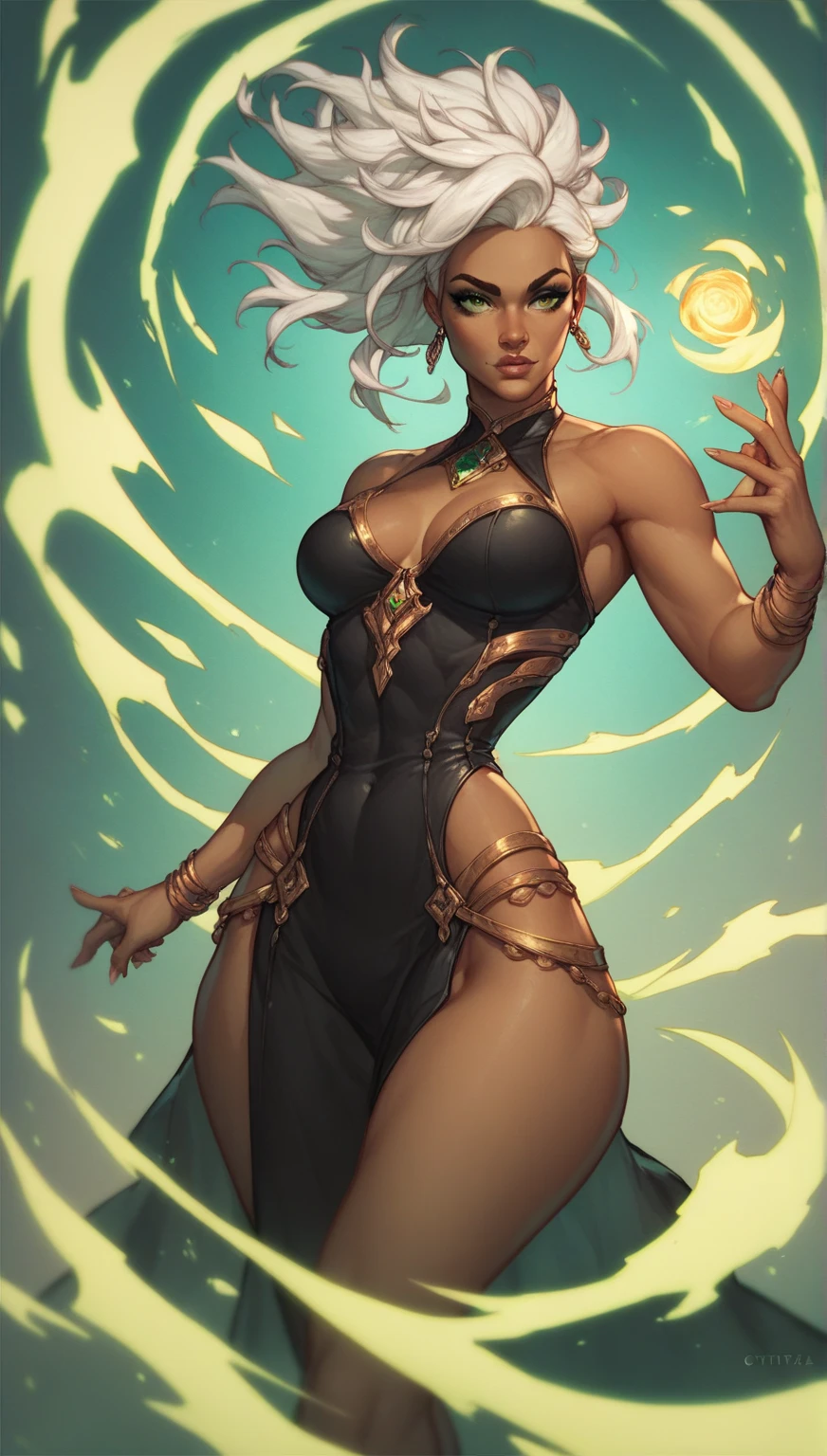 (masterpiece, best quality, high resolution, unity 8k wallpaper, extremely detailed CG:1), (illustration:1.0),  1girl, doloresms, 1girl, tattoo, glasses, green eyes, cleavage, black panties necklace, detached sleeves, bare shoulders, round eyewear,