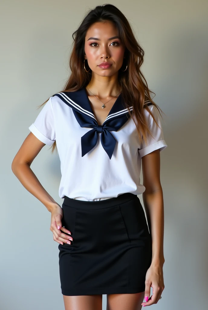 neat college girl, (school uniform, sailor uniform, ribbon tied at chest, summer uniform, upper body white, skirt is navy blue), outside the athletic field, (slim), photorealistic, detail, skin texture, ultra detail, delicate and sexy collarbone, smile, super detailed face, detailed lips, detailed eyes, double eyelids, small breasts, small breasts, small, flat breasts, breast emphasis