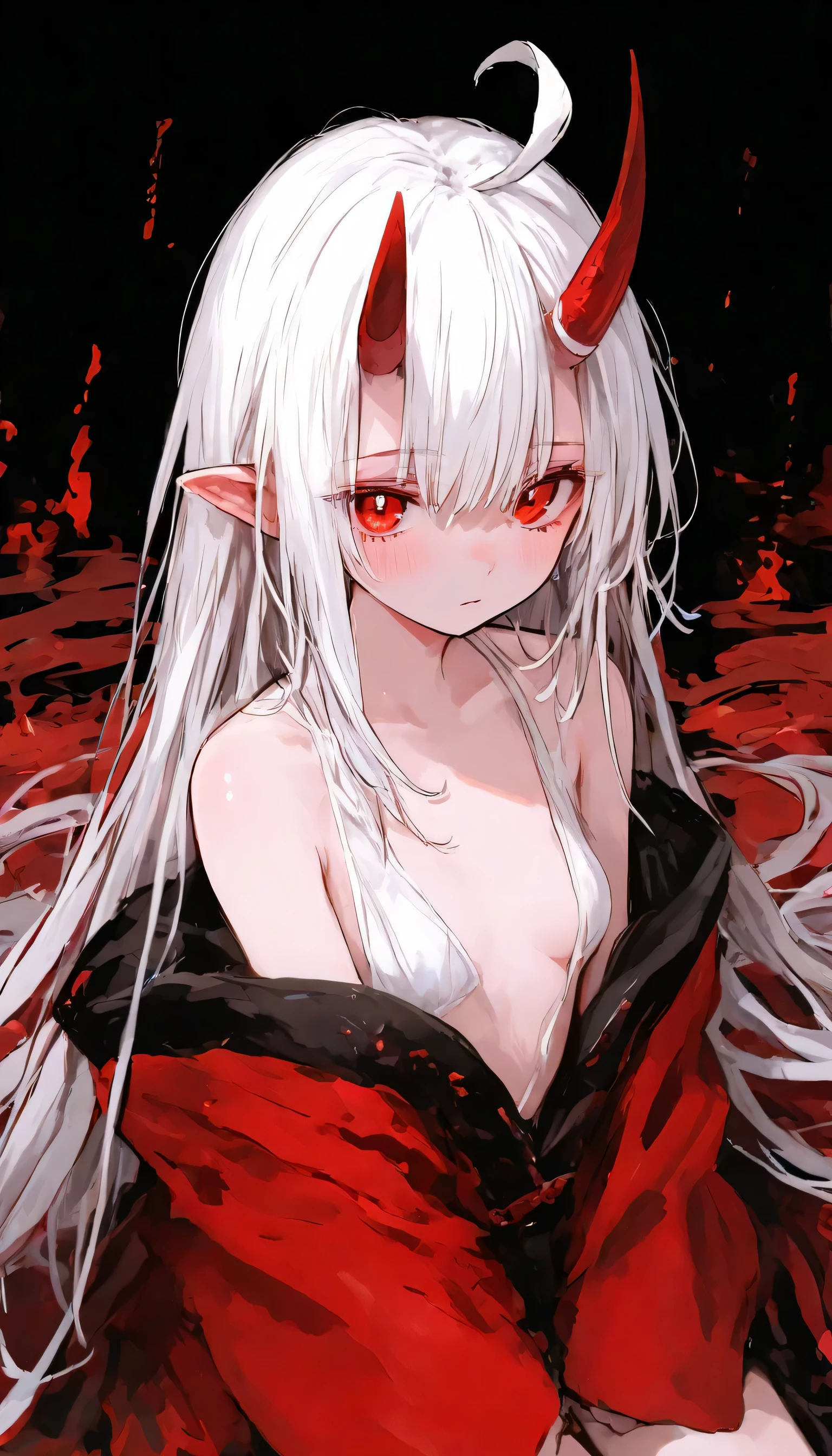 Make a girl, long white hair, fair skin with scars, red eyes with feline pupils, pointy ears like an elf, small and torn clothes, ribbon gloves on your hands, stuck in your teeth, and a white wolf tail.