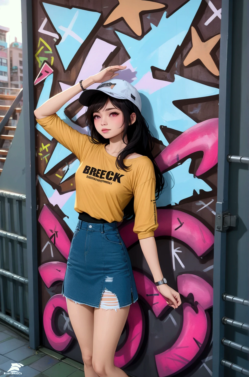 A young woman with light brown skin walking along a waterfront at night. She has shoulder-length orange hair and is wearing a yellow T-shirt with black text and a black skirt with a brown belt. She is carrying a brown shoulder bag and has a city skyline with lit-up buildings in the background. The scene is illuminated by city lights, giving it a realistic urban feel. She has a surprised expression and is looking towards the viewer, with her hand raised as if waving or adjusting her hair, Full body