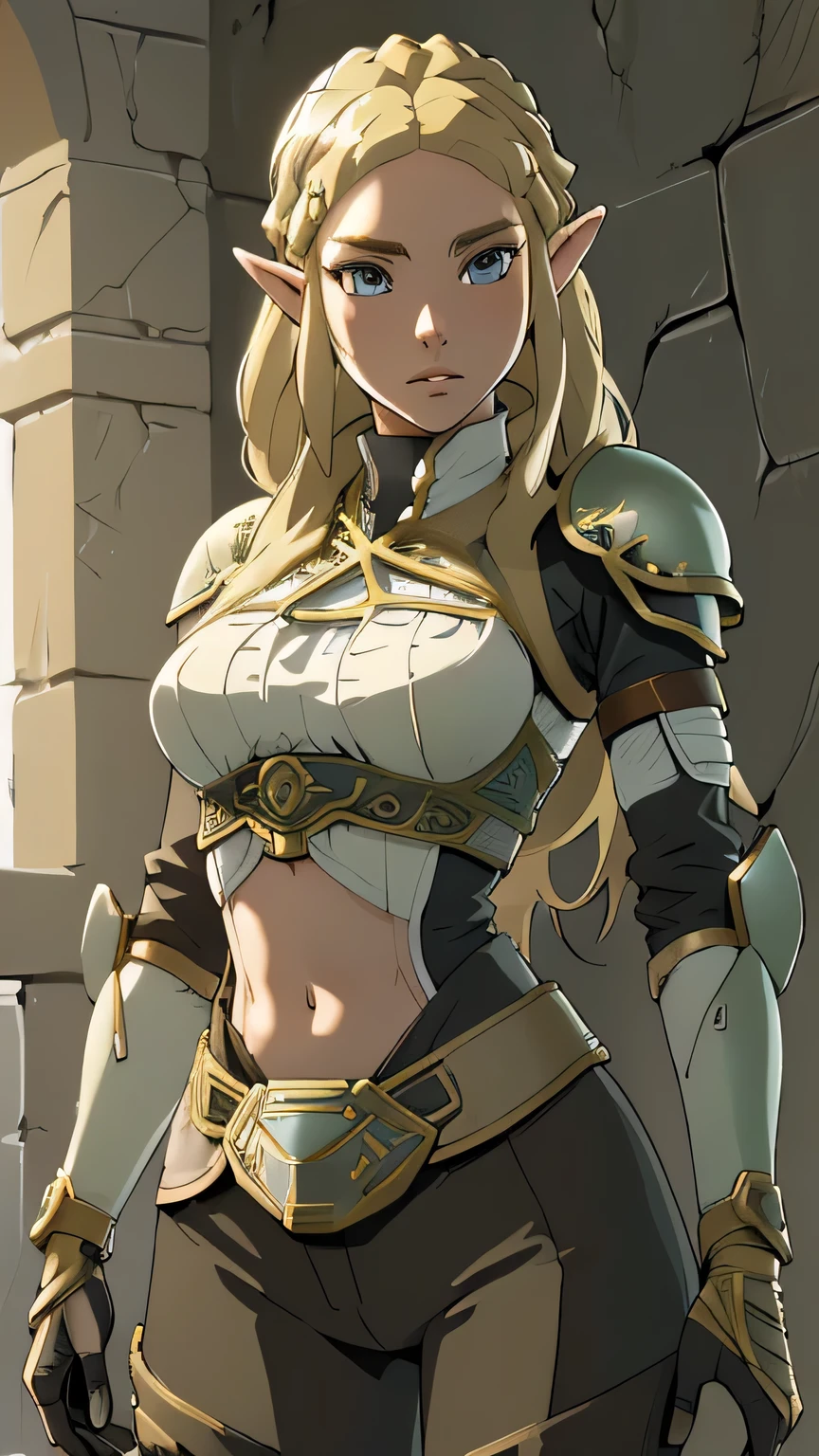 1girl in, 21, princess Zelda, photo of perfect woman, portrait, looking straight at camera, 5'3", Solo, Aesthetic artwork, (blond, straight blonde hair, waist length blond hair:1.25), (clear skin, pale skin, small breasts, B-cup, runners body, very thin waist, skinny, petite, detailed skin texture, (Masterpiece, focus on breasts:1.2), ((she wears a detailed tactical gear:1.1), (body armor:1.1), combat pants, gloves, (intricate Sci-Fi background:1.1), (extremely detailed 8k wallpaper), evening outdoor lighting, high quality, film grain, Fujifilm XT3 sharp focus, f 5.6, 50mm, High Detail, Sharp focus, (natural light), crazy details, complex details, hyper detailed