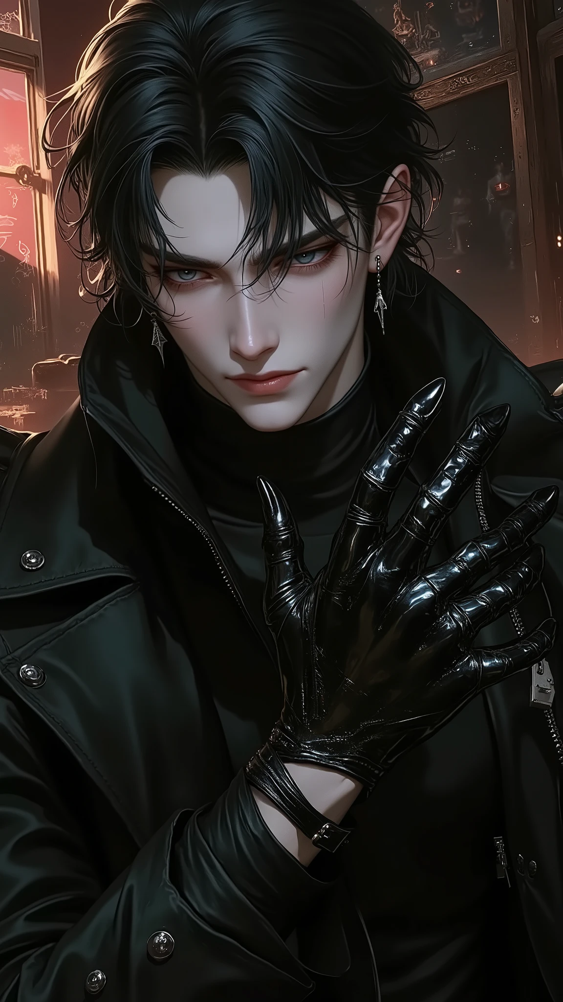 Final fantasy style and real graphics , (( Japanese young sweet and cool ikemen boy )), he is about 20 years old , thin eyebrows and small eyes , ((he is without outerwear )), (( tight black leather pants )), (( put black leather thick and thin gloves on both hands )), (( black leather glove )),(( Black leather lace-up boots )),(( should look from head to toe )),(( should see the whole body )), ,(( Don't show skin from neck down )),, leather glove and leather pants , she has few wrinkles , Avoid showing off your underwear , zippered jacket fastner .(( you must wear a leather glove )).
boy with black hair . boy looks like model .
Boy in a dim room .