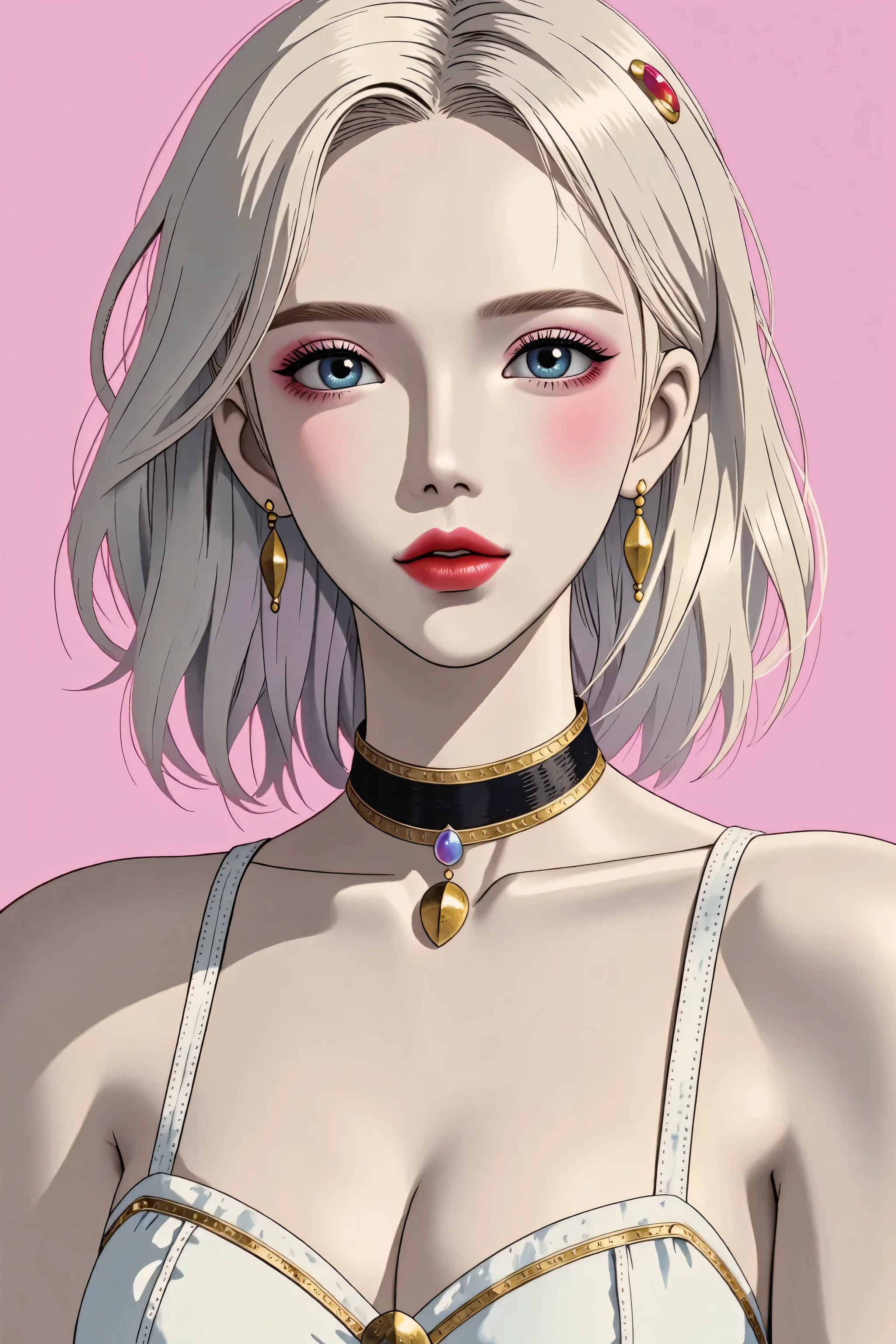 young japanese girl, blonde hair, blushing, Shy, Red lips, cute overload, pale face, close up shot, sweet, small breasts, best quality, masterpiece, detailed, big expressive blue eyes, Slender、solid pink background, cute pose, sailor suit, cleavage, slender legs, thigh highs, skinny, tight round butt, Kizi,Highly detailed, Amazing work,Vitreous luster,((clean backdrop)),pinks, blues, yellows,Best quality at best,clean backdrop, shiny skin, goth, plunging neckline, heavy blushing, cleavage,