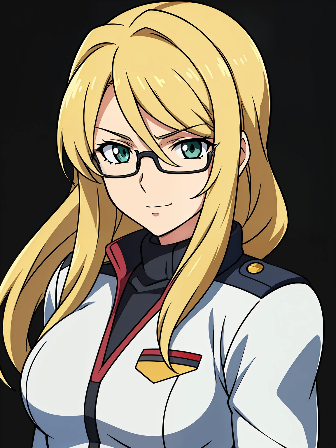 (high-quality, breathtaking),(expressive eyes, perfect face) 1girl, female, solo, blonde hair, long hair length, green eyes, cute smile, positive expresion, Gundam artstyle, black background, portrait, symmetrical eyes, pilot, Gundam Iron Blooded Orphans, uniform, adult, round glasses