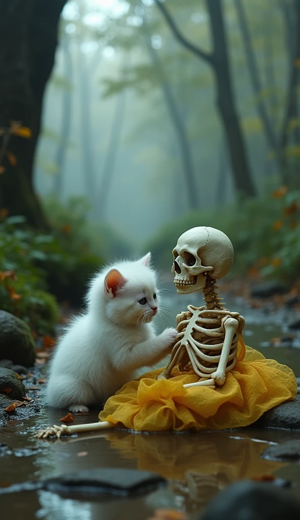 A brown cat dancing with a skeleton wearing a black cap