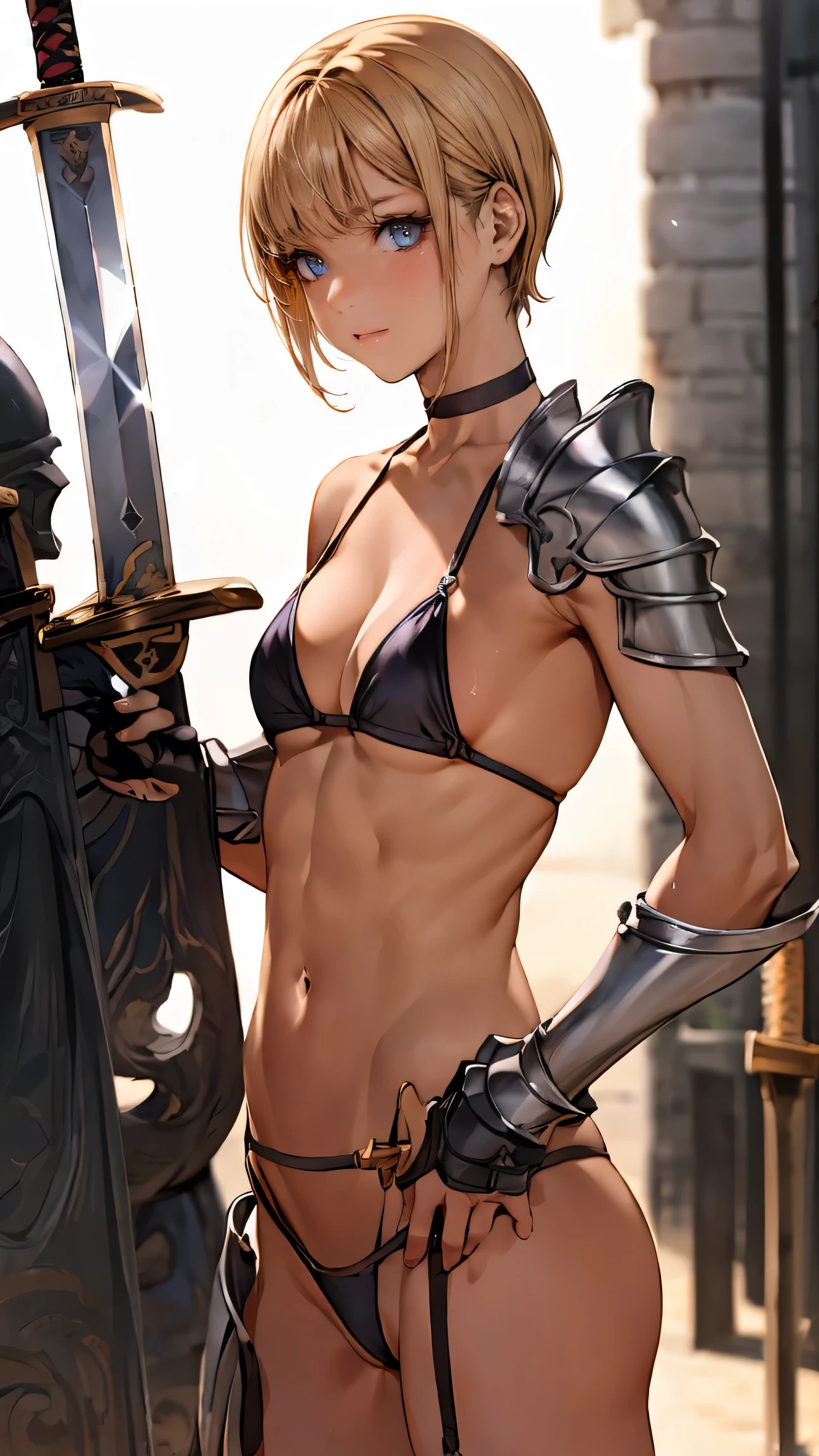 8k、Short blonde bobヘアのエルフ、Super Beauty(Realistic)、Alafeid woman dressed in purple and black、Ultra-detailed fantasy characters、3D Rendering Character Art、blue eyes、Detail Fantasy、Stunning Armor、Amazing character art、Gorgeous Female Paladin、Ultra-high resolution、Ultra-Realistic Skin、Beautiful expression、Sexy Appearance、Fascinating、Beautiful small breasts、Rich colors、Backlight、Cinema Lighting、Film Grain、50mm lens、Nikon D850、Fantasy art、In the dark dungeon、make、Elf Ears、Very muscular and slim build、Very strong and toned abdominal muscles腹筋(Six Pack)、Silver hair ornament(one point)、Purple and black combat pants、湾曲した銀2Hold two swords in each hand、Preparing for battle、Short blonde bob,Strengthen all body muscles,Very strong and toned abdominal muscles(Six Pack),２Hold two swords in each hand,Silver hair ornament,Amazing muscles,Bodybuilder,Dynamic fighting pose,Black and purple combat trousers,