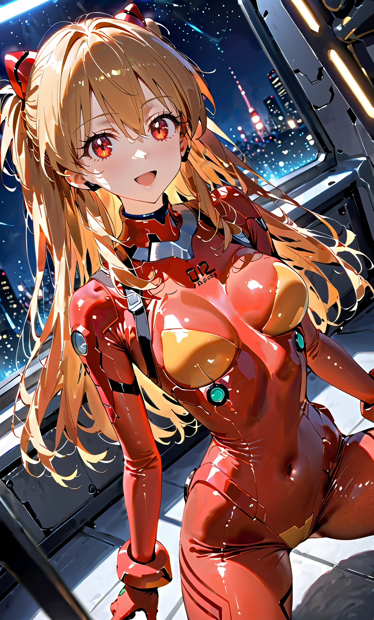 (Overhead view),dynamic angle,ultra-detailed, illustration, close-up, straight on, 1girl, 
 ((souryuu asuka langley, interface headset, red bodysuit:1.4, blonde)),Her eyes shone like dreamy stars,(glowing eyes:1.233),(beautiful and detailed eyes:1.1),(expressionless),(standing), Spell of the Last（prompt）
(masterpiece, best quality, ultra high res, perfect anatomy, extremely detailed),
BREAK,
1girl,
,
red eyes,
twintails,
black hair,
very large ribbon in hair,
idol costume,
BREAK,
squatting, spread legs,crotch focus,
(open mouth),
glow eyes,
smile,
stage light,
(mechanic room with toolsand spaceship windowin a white SPACESHIP),
(night:1.2),dreamy, [[delicate fingers and hands:0.55]::0.85],(detail fingers),
