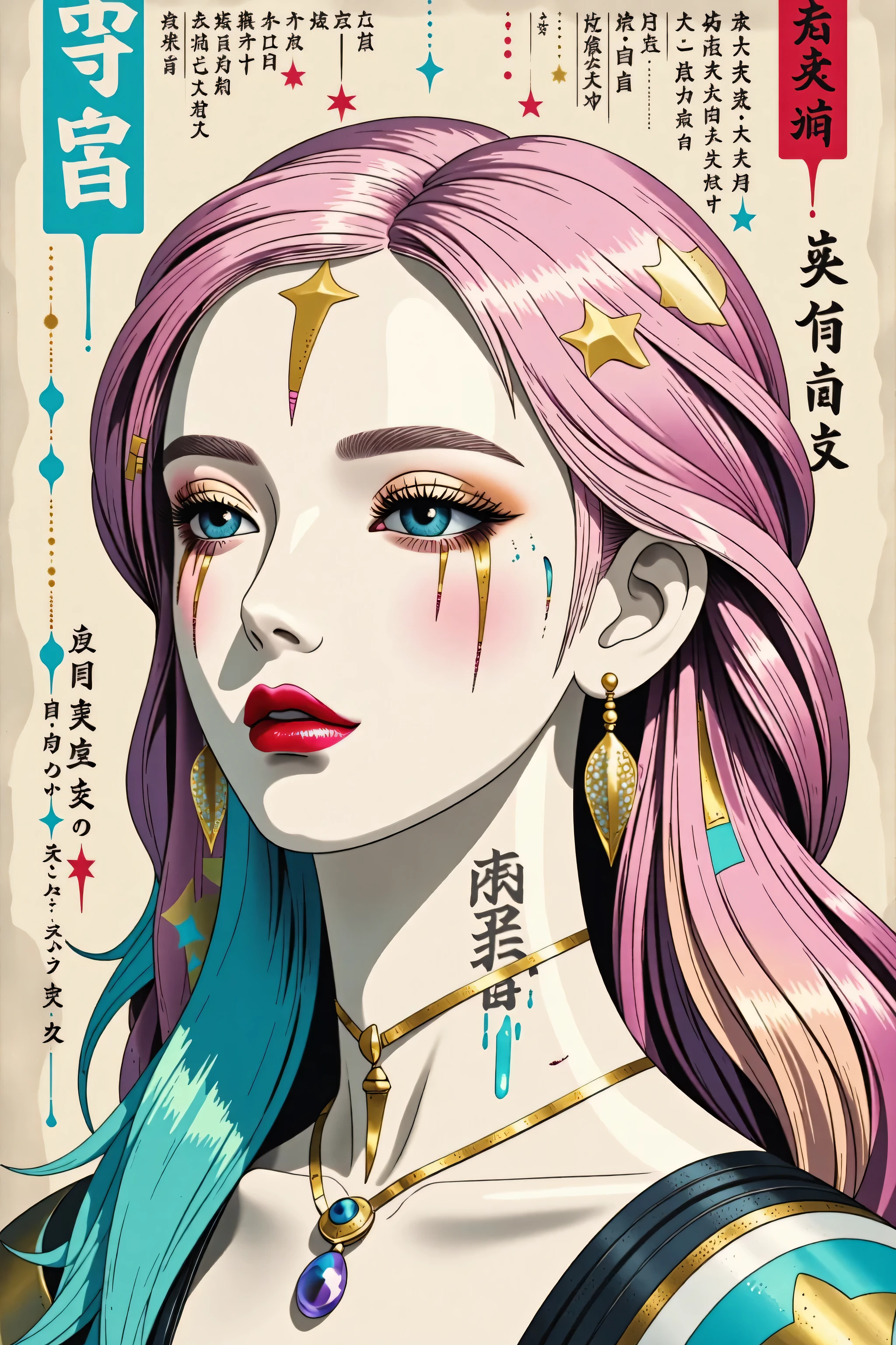 (White background:1.4),(Girl's head silhouette, Eyes closed, Long colored hair, Oriental elements),(Chinese illustration:1.3,Paper Art:1.3, キルティングPaper Art:1.2),( Streamlined Design, Clear lines, High sharpness,Better Quality, Very detailed, Master Parts, Film Light Effect, 4K ) Illustration design, porcelain doll skin, beautiful detailed eyes, beautiful detailed lips, extremely detailed gold eyes and face, long eyelashes, upper body, from side, looking at viewer, (fractal art:1.3), (pink hair:1.2), water, liquid, cloud, colorful, starry, stars, (best quality, 4k, 8k, highres, masterpiece:1.2), ultra-detailed, (realistic, photorealistic, photo-realistic:1.37), vibrant colors, studio lighting, extremely detailed description, professional, concept art, surreal, 1920s french vibe, monochromatic gold and pink palette, in the style of french illustrator moebius, gold elements,