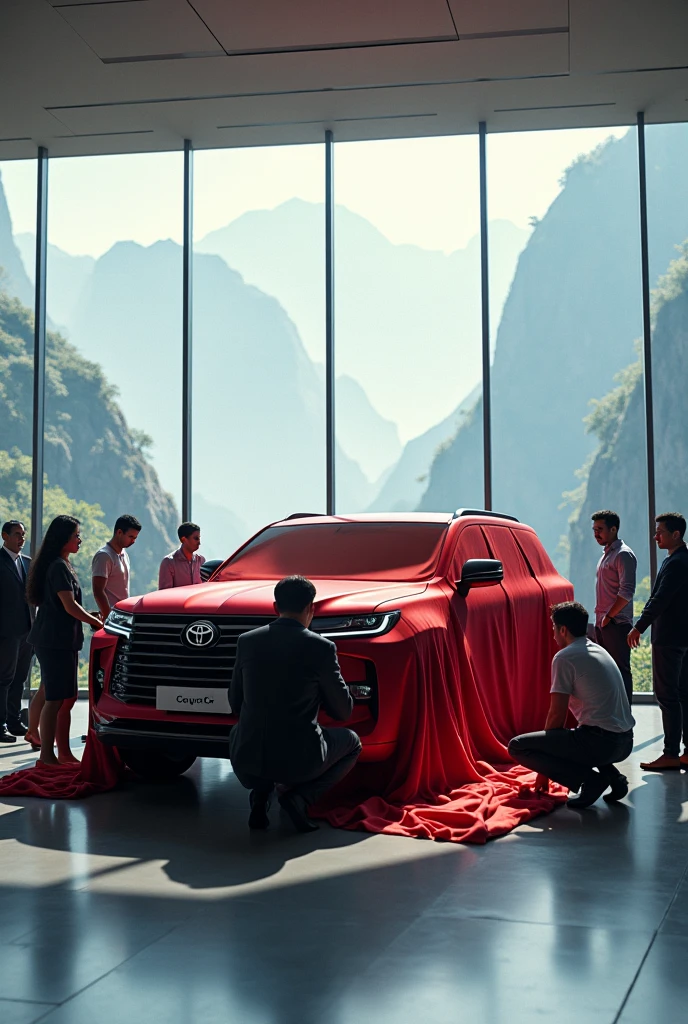 people standing around and unpacking the 2025TOYOTA LANDCRUISERby a red cloth amazing view in a showroom