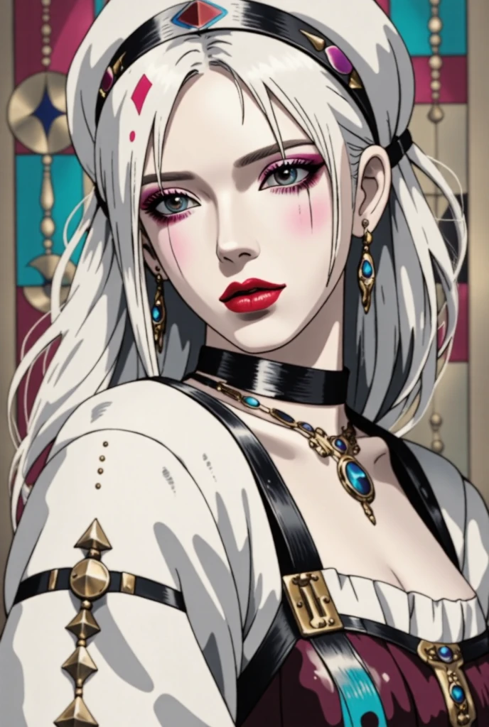 A very beautiful, white woman with perfect features and a gothic style with long hair and bangs