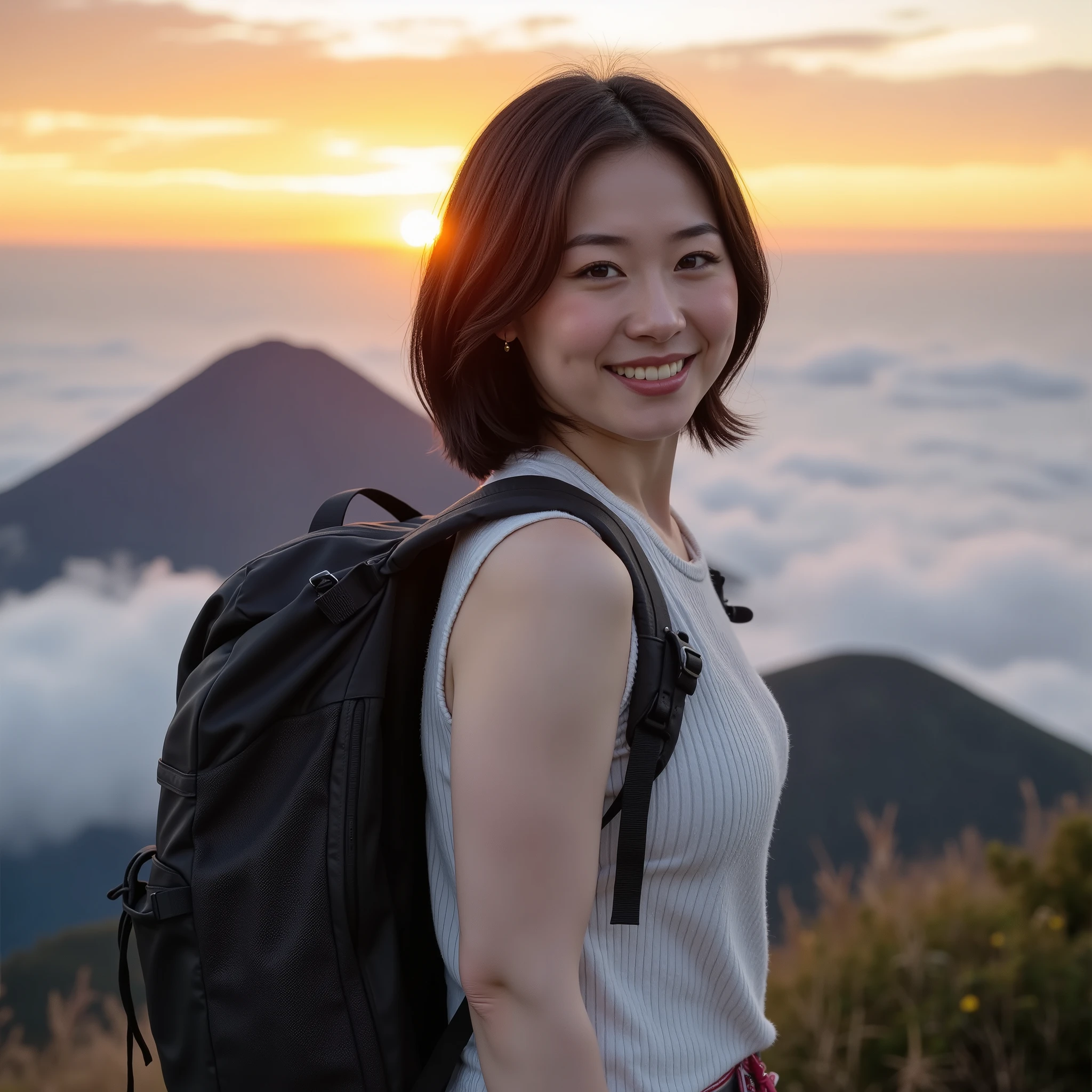 『 One Japanese Girl:1.3』『 real 写真:1.3』 top quality:1.2、(( Big Breasts))、 Show off your teeth 、(( young woman))、(( has red cheeks ))『 smile:1.9』、((( anatomically correct、 perfect anatomy、 anatomically correct指)))、 real 、 top quality、 super high resolution、 RAW photos 、( curvy body)、 top quality、masterpiece、 super high resolution、( real :1.3)、 RAW photos 、( Nature landscape photography )、( Majestic Mountain、 sea of clouds )、( to the top of a very high mountain )、( Sunset )、( one girl )、( upper body )、( 20 years old )、( smile:0.9 )、( shiny skin )、( short hair、 dark brown hair )、( white t-shirt )、( Trekking pants )、( At the top of 、 carry a big backpack )、( super detailed face )、( Very beautiful poop )、( high detail eyes )、( Highly Detailed Nose)、( Extremely Detailed Eyes)、( Highly Skilled Hands )、( super detailed body )、Sony a7、 85mm lens 、f9.0、 Pan Focus