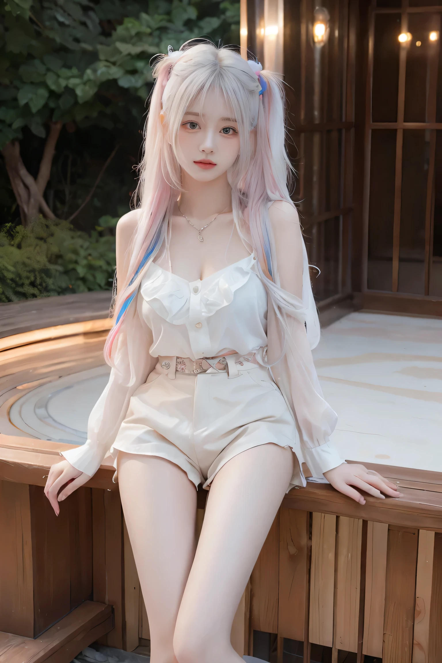 high definition , 8k, 1 girl, Look at the audience , Very Long Hair , White hair, rainbow hair , multicolored hair , , chest , seductive face color ,Slim legs, Sexy Gesture,necklace,earring,bangle, Women's Shirt, shorts,outdoor, Full Character Design, stand,