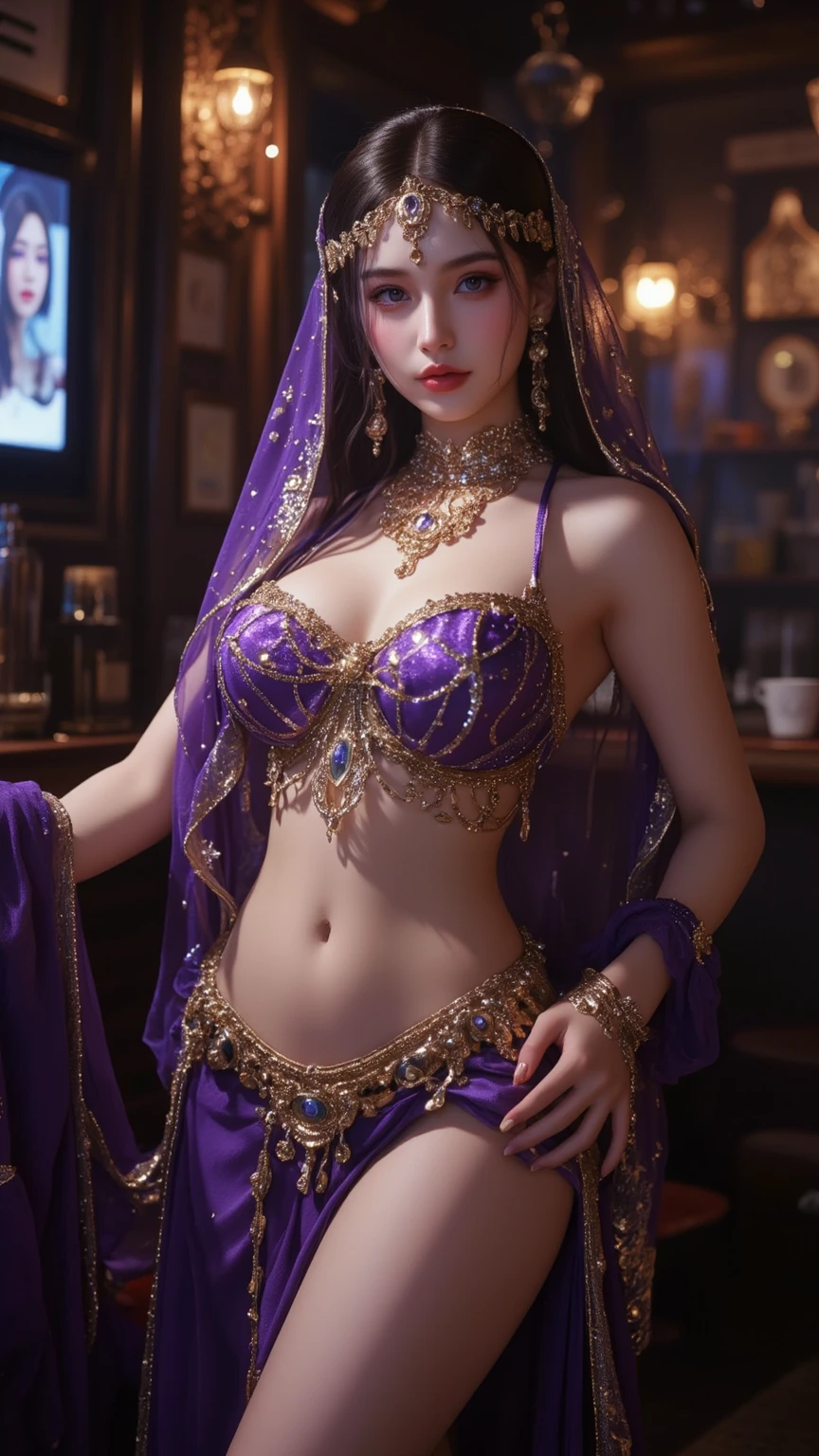 Young Beautiful Woman, Sexy Belly Dancer,Gorgeous belly dance costumes, Face Veil to Hide the Lower Half of Your Face , golden accessory, purple eyes, half-closed eyes:1.3, glossy lips, big breasts,makeup, eyeshadow,Shadowed face, bewitching smile,Seductive gestures,Curvaceous Body, perfect body through Ngs,High quality skin,Beautiful legs, Perfect Female Proportions , ideal body proportions, attractive proportions, Tight Woman , dancing belly dancing,background: Night Tavern,masterpiece, top quality, very detailed depiction, INCREDIBLE HIGH DEFINITION,High quality anime drawings, full body image