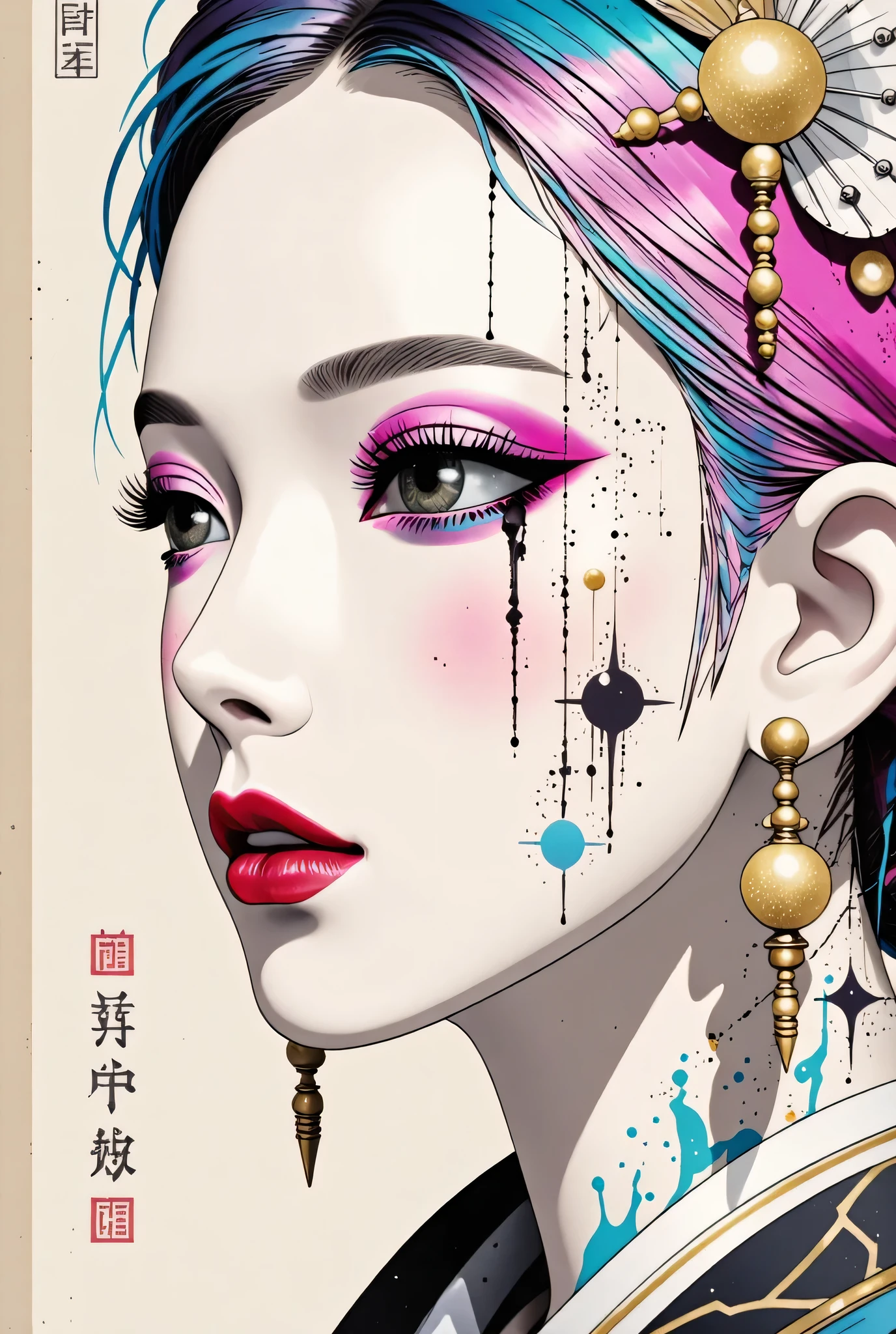(White background:1.4),(Girl's head silhouette, Eyes closed, Long colored hair, Oriental elements),(Chinese illustration:1.3,Paper Art:1.3, キルティングPaper Art:1.2),( Streamlined Design, Clear lines, High sharpness,Better Quality, Very detailed, Master Parts, Film Light Effect, 4K ) Illustration design, porcelain doll skin, beautiful detailed eyes, beautiful detailed lips, extremely detailed gold eyes and face, long eyelashes, upper body, from side, looking at viewer, (fractal art:1.3), (pink hair:1.2), water, liquid, cloud, colorful, starry, stars, (best quality, 4k, 8k, highres, masterpiece:1.2), ultra-detailed, (realistic, photorealistic, photo-realistic:1.37), vibrant colors, studio lighting, extremely detailed description, professional, concept art, surreal, 1920s french vibe, monochromatic gold and pink palette, in the style of french illustrator moebius, gold elements,