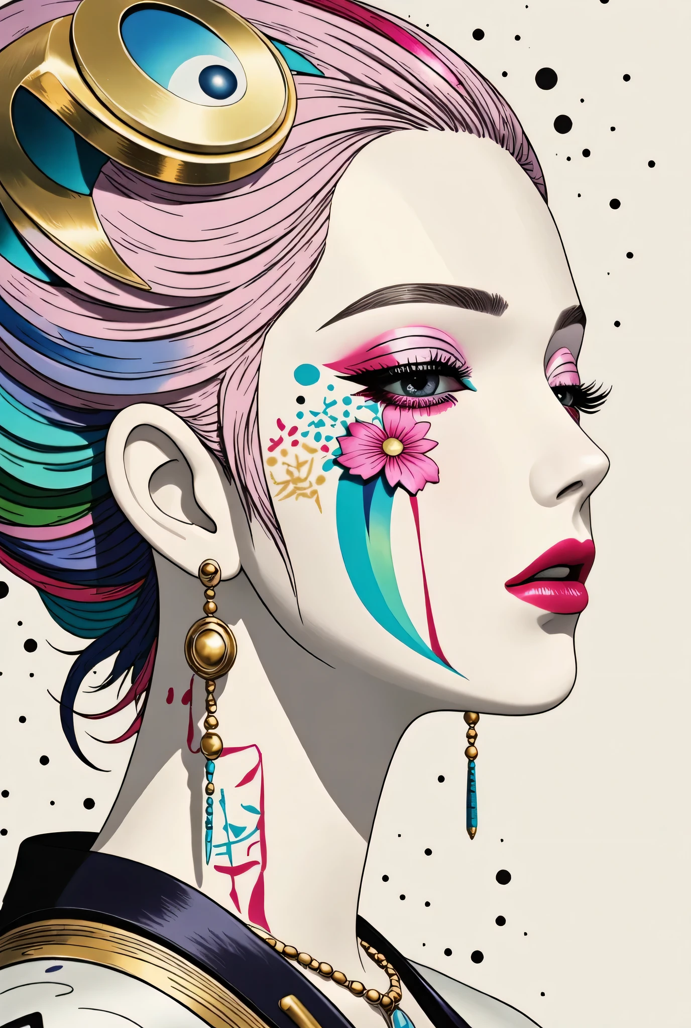 (White background:1.4),(Girl's head silhouette, Eyes closed, Long colored hair, Oriental elements),(Chinese illustration:1.3,Paper Art:1.3, キルティングPaper Art:1.2),( Streamlined Design, Clear lines, High sharpness,Better Quality, Very detailed, Master Parts, Film Light Effect, 4K ) Illustration design, porcelain doll skin, beautiful detailed eyes, beautiful detailed lips, extremely detailed gold eyes and face, long eyelashes, upper body, from side, looking at viewer, (fractal art:1.3), (pink hair:1.2), water, liquid, cloud, colorful, starry, stars, (best quality, 4k, 8k, highres, masterpiece:1.2), ultra-detailed, (realistic, photorealistic, photo-realistic:1.37), vibrant colors, studio lighting, extremely detailed description, professional, concept art, surreal, 1920s french vibe, monochromatic gold and pink palette, in the style of french illustrator moebius, gold elements,