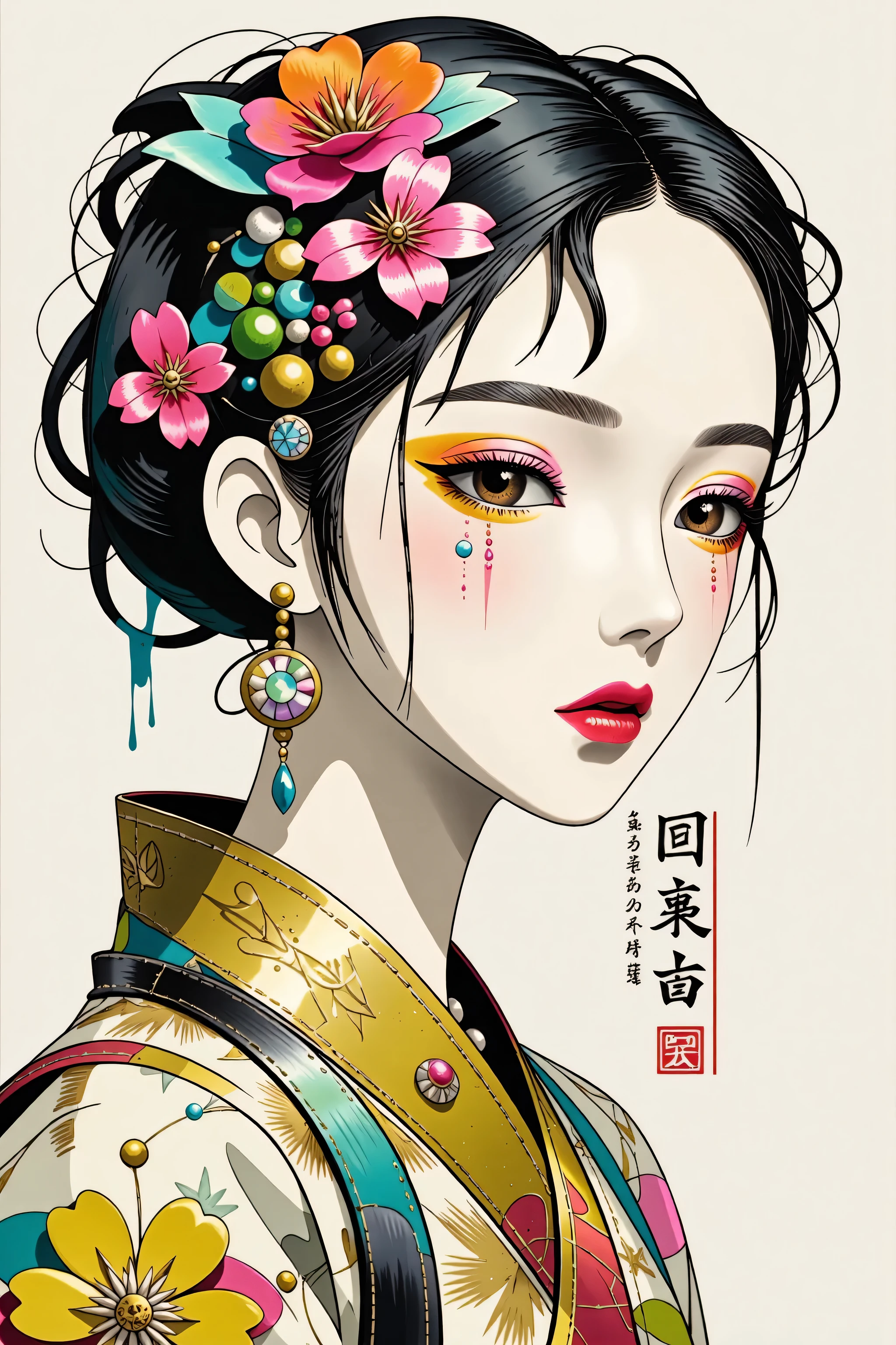 (White background:1.4),(Girl's head silhouette, Eyes closed, Long colored hair, Oriental elements),(Chinese illustration:1.3,Paper Art:1.3, キルティングPaper Art:1.2),( Streamlined Design, Clear lines, High sharpness,Better Quality, Very detailed, Master Parts, Film Light Effect, 4K ) Illustration design, porcelain doll skin, beautiful detailed eyes, beautiful detailed lips, extremely detailed gold eyes and face, long eyelashes, upper body, from side, looking at viewer, (fractal art:1.3), (pink hair:1.2), water, liquid, cloud, colorful, starry, stars, (best quality, 4k, 8k, highres, masterpiece:1.2), ultra-detailed, (realistic, photorealistic, photo-realistic:1.37), vibrant colors, studio lighting, extremely detailed description, professional, concept art, surreal, 1920s french vibe, monochromatic gold and pink palette, in the style of french illustrator moebius, gold elements,