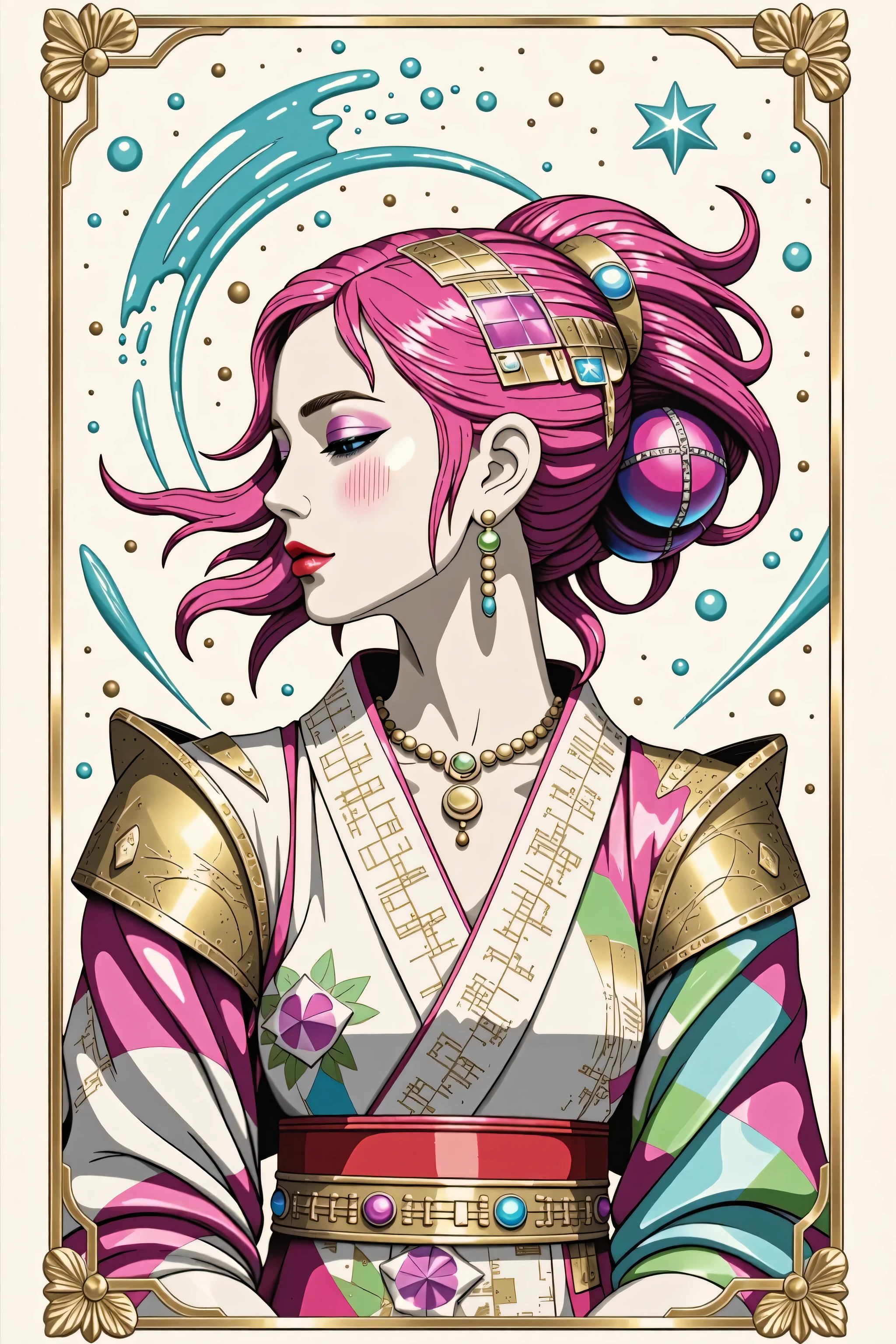 (White background:1.4),(Girl's head silhouette, Eyes closed, Long colored hair, Oriental elements),(Chinese illustration:1.3,Paper Art:1.3, キルティングPaper Art:1.2),( Streamlined Design, Clear lines, High sharpness,Better Quality, Very detailed, Master Parts, Film Light Effect, 4K ) Illustration design, porcelain doll skin, beautiful detailed eyes, beautiful detailed lips, extremely detailed gold eyes and face, long eyelashes, upper body, from side, looking at viewer, (fractal art:1.3), (pink hair:1.2), water, liquid, cloud, colorful, starry, stars, (best quality, 4k, 8k, highres, masterpiece:1.2), ultra-detailed, (realistic, photorealistic, photo-realistic:1.37), vibrant colors, studio lighting, extremely detailed description, professional, concept art, surreal, 1920s french vibe, monochromatic gold and pink palette, in the style of french illustrator moebius, gold elements,