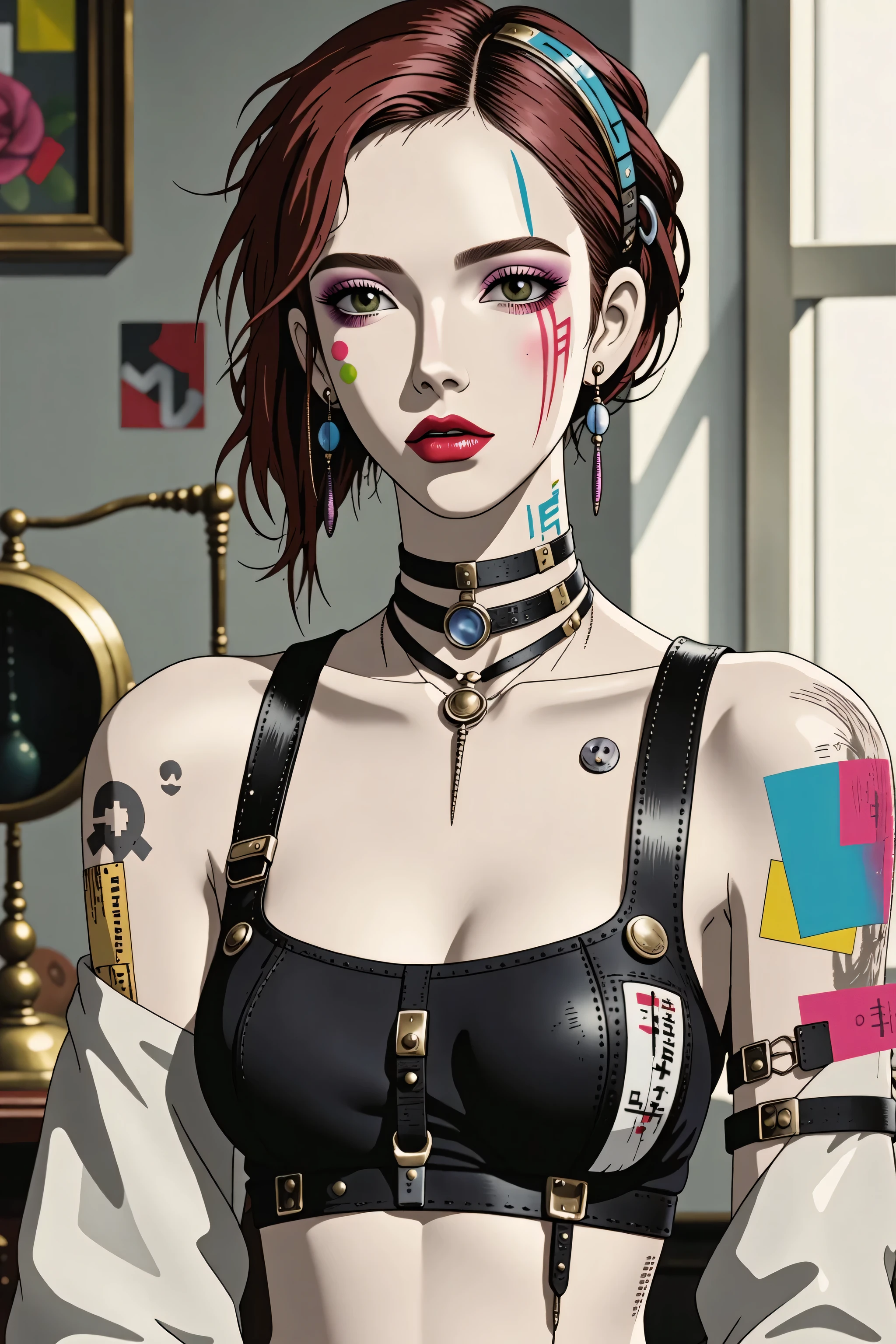 1girl,Thorough, analog style, eye focus, highest quality, (highly detailed skin), photo of a exquisitely beautiful pale skin punk Dutch girl, 21yo, (wearing harness, and beanie), perfect face, alluring eyes, big breasts, cleavage, [seductive makeup], skin pores, (piercing:0.5), indoor, messy bedroom, (bokeh:0.6), sharp focus, dappled lighting, (backlighting:0.7), film grain, photographed on a Sony A7R IV, 18mm F/1.7 cine lens, (highly detailed, intricately detailed), 8k, HDR, seductively posing, front view, (uppper body:0.9)