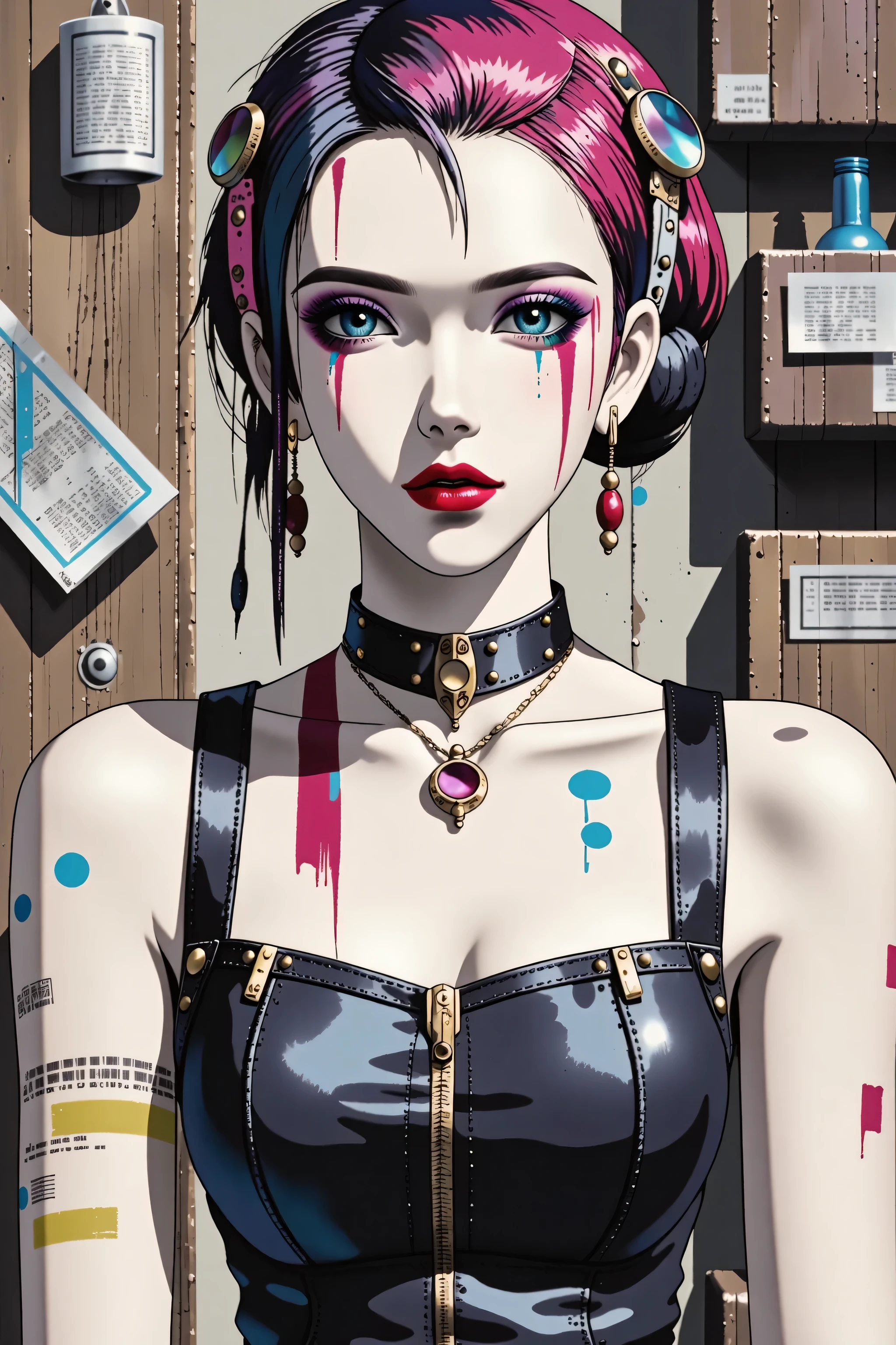 1girl,Thorough, analog style, eye focus, highest quality, (highly detailed skin), photo of a exquisitely beautiful pale skin punk Dutch girl, 21yo, (wearing harness, and beanie), perfect face, alluring eyes, big breasts, cleavage, [seductive makeup], skin pores, (piercing:0.5), indoor, messy bedroom, (bokeh:0.6), sharp focus, dappled lighting, (backlighting:0.7), film grain, photographed on a Sony A7R IV, 18mm F/1.7 cine lens, (highly detailed, intricately detailed), 8k, HDR, seductively posing, front view, (uppper body:0.9)