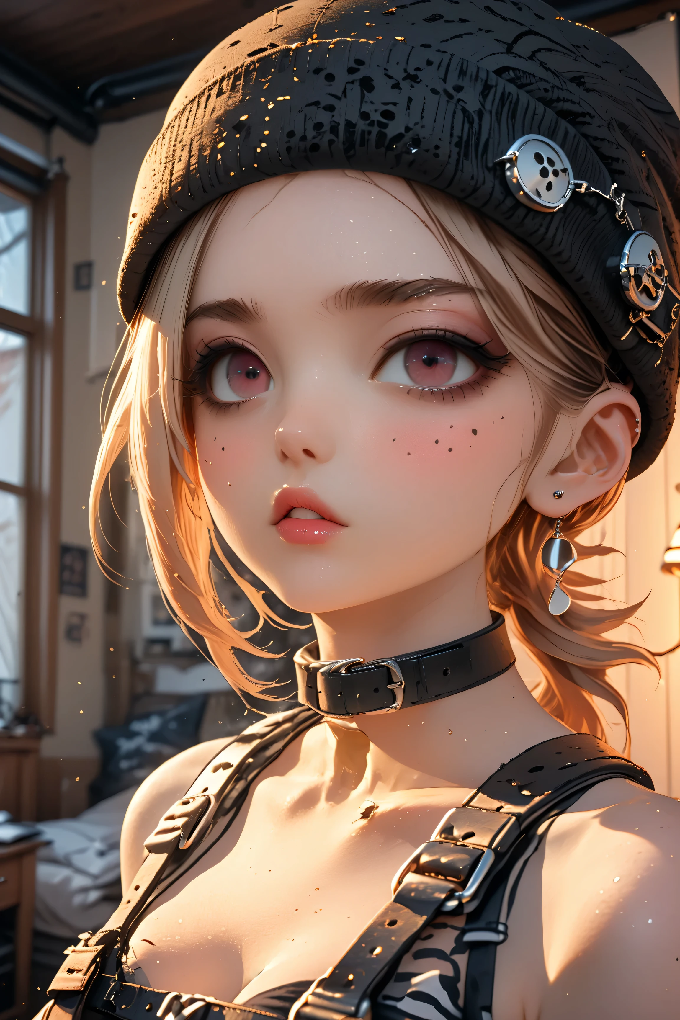 1girl,Thorough, analog style, eye focus, highest quality, (highly detailed skin), photo of a exquisitely beautiful pale skin punk Dutch girl, 21yo, (wearing harness, and beanie), perfect face, alluring eyes, big breasts, cleavage, [seductive makeup], skin pores, (piercing:0.5), indoor, messy bedroom, (bokeh:0.6), sharp focus, dappled lighting, (backlighting:0.7), film grain, photographed on a Sony A7R IV, 18mm F/1.7 cine lens, (highly detailed, intricately detailed), 8k, HDR, seductively posing, front view, (uppper body:0.9)