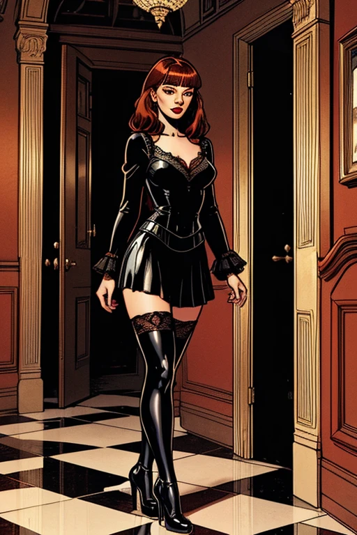 (absurdres, highres, ultra detailed), masterpiece, Sophie Turner as ada wong (resident evil), ((solo)), short red hair, 1girl, skirt suit, tuxedo, black jacket, waistcoat, black bowtie, bodycon skirt, black clothing, miniskirt, closed mouth, standing, (((detailed lips))), ((realistic skin)), glowing skin, ((glossy red lips)), portrait, beautiful, normal skin, blue eyes