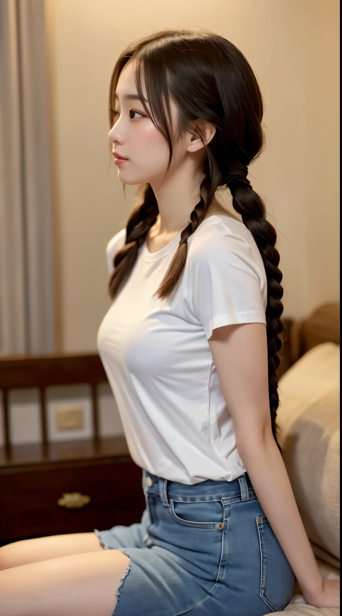 (masterpiece, best quality), best resolution, (2heads:1.5), 1girl, nanashi mumei character, extremely long brown hair, extremely long ponytails braided together, hair between heads, hair reaching floor,