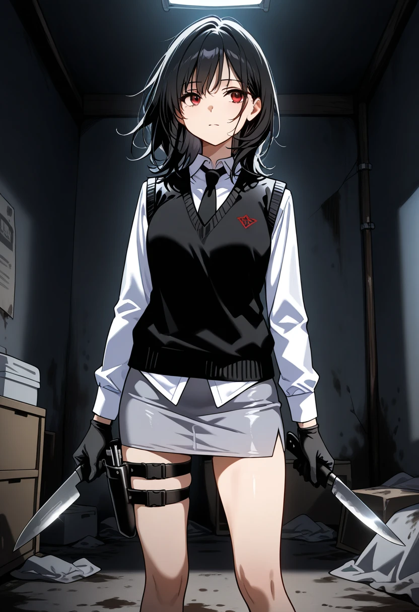 Girl with a Japan sword、Round, black eyes、Bloody short-sleeved shirt、A girl covered in blood after being splashed with blood. She lifts her skirt with both hands.、Showing off cute white underwear.、Black garter belt、Black rough fishnet stockings、A plain white shirt with short sleeves and a red tie、Standing posture、Abandoned Factory