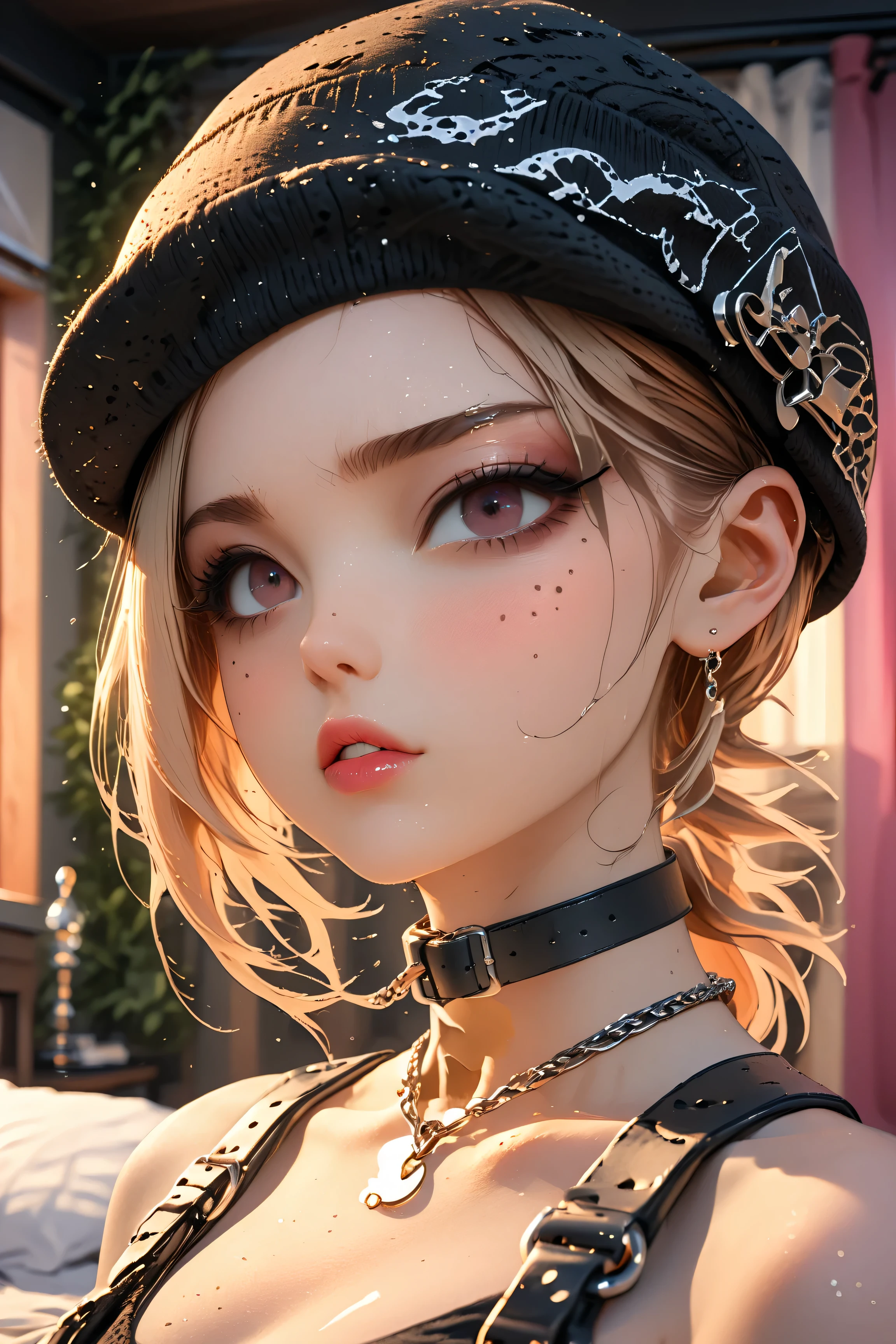 1girl,Thorough, analog style, eye focus, highest quality, (highly detailed skin), photo of a exquisitely beautiful pale skin punk Dutch girl, 21yo, (wearing harness, and beanie), perfect face, alluring eyes, big breasts, cleavage, [seductive makeup], skin pores, (piercing:0.5), indoor, messy bedroom, (bokeh:0.6), sharp focus, dappled lighting, (backlighting:0.7), film grain, photographed on a Sony A7R IV, 18mm F/1.7 cine lens, (highly detailed, intricately detailed), 8k, HDR, seductively posing, front view, (uppper body:0.9)