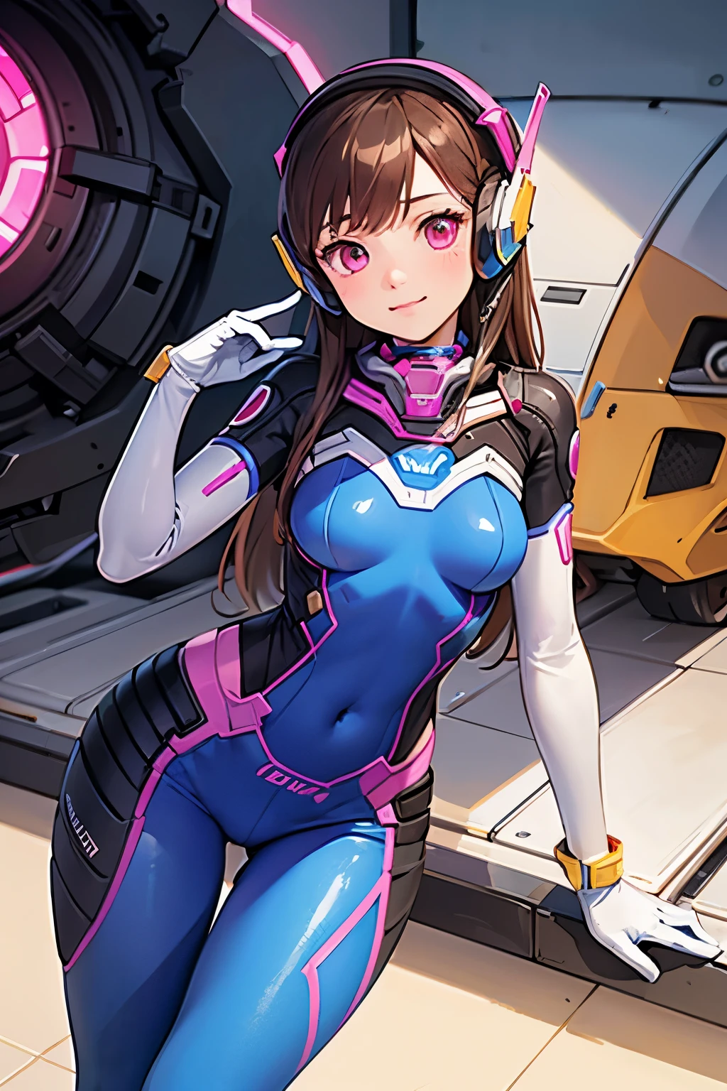 masterpiece, best quality, official art, illustration, absurdres, official, d.va, long hair, bodysuit, headphones, pilot suit, bodysuit, shoulder pads, turtleneck, bunny print, clothes writing, headphones, bubblegum, large breasts, (wide hips:1.3), curvy, living room, <lora:dVaOverwatchLORA_v1:0.7>