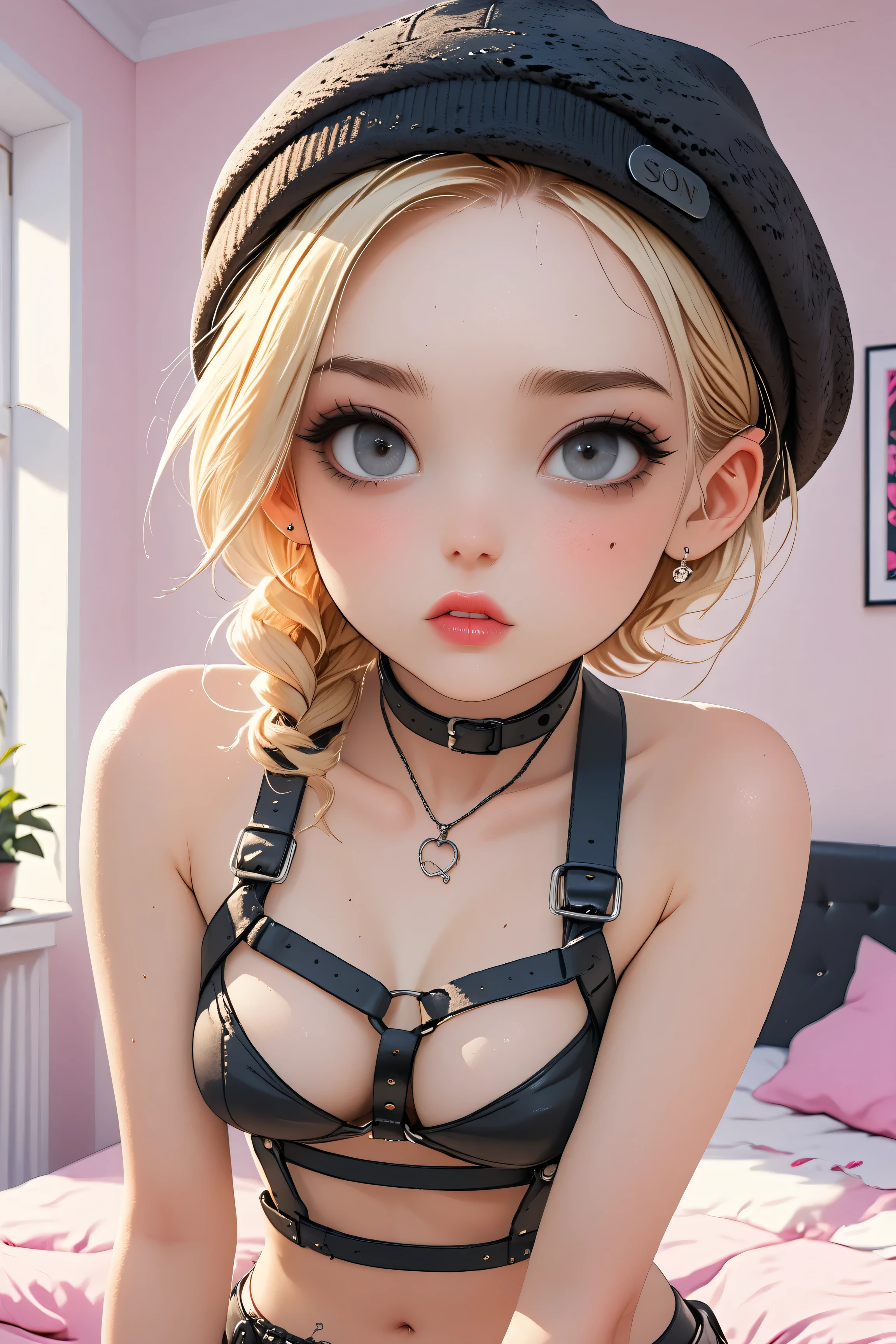 1girl,Thorough, analog style, eye focus, highest quality, (highly detailed skin), photo of a exquisitely beautiful pale skin punk Dutch girl, 21yo, (wearing harness, and beanie), perfect face, alluring eyes, big breasts, cleavage, [seductive makeup], skin pores, (piercing:0.5), indoor, messy bedroom, (bokeh:0.6), sharp focus, dappled lighting, (backlighting:0.7), film grain, photographed on a Sony A7R IV, 18mm F/1.7 cine lens, (highly detailed, intricately detailed), 8k, HDR, seductively posing, front view, (uppper body:0.9)