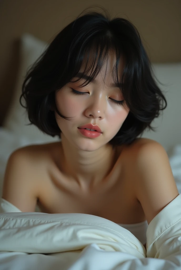 ((masterpiece)), ((Highest quality)),, 45-year-old Japanese woman , Spread your legs, ((Highest quality, 8k, masterpiece: 1.3)), concentrated: 1.2, Perfect beauty: 1.6, (Layered Short Hair), Home bedroom, Highly detailed face and skin texture, Narrow eyes, double eyelid, Whitening skin, close your eyes:1.2,look up, Highly detailed eye texture,Saggy breasts,No makeup,((Selfie)),Slightly small chest,Saggy tits,((Completely ?????))
