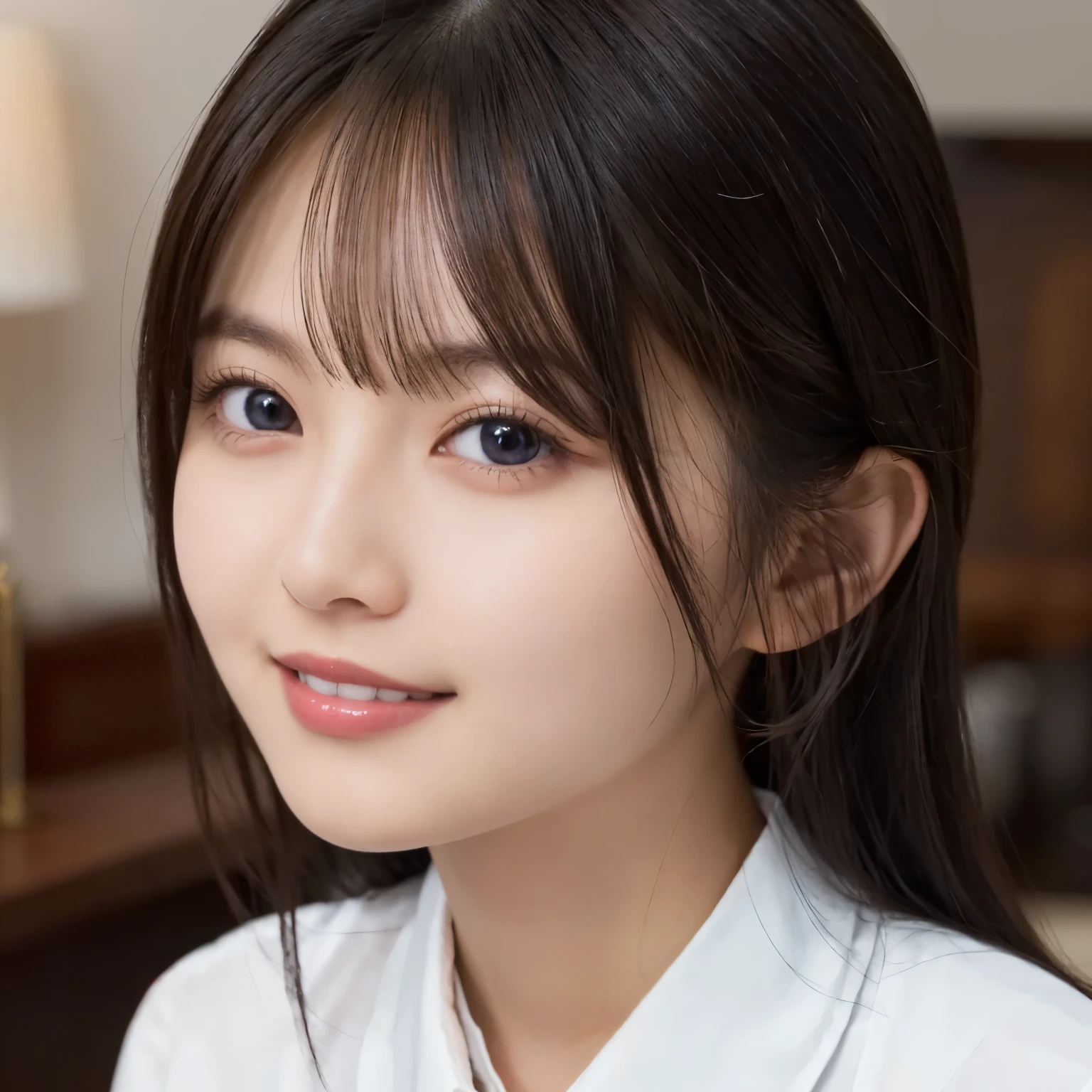 living room , black cardigan with white collar, white t-shirt , Smile, Swinging Hair, upper body photo, no makeup, girl, busty, black hair, straight hair, bangs, 最高masterpiece, Lighting from the front, masterpiece, top quality, ultra detail, Finely Details, high resolution, 8k wallpaper, perfect dynamic configuration, beautiful eyes in every detail , natural color lips
