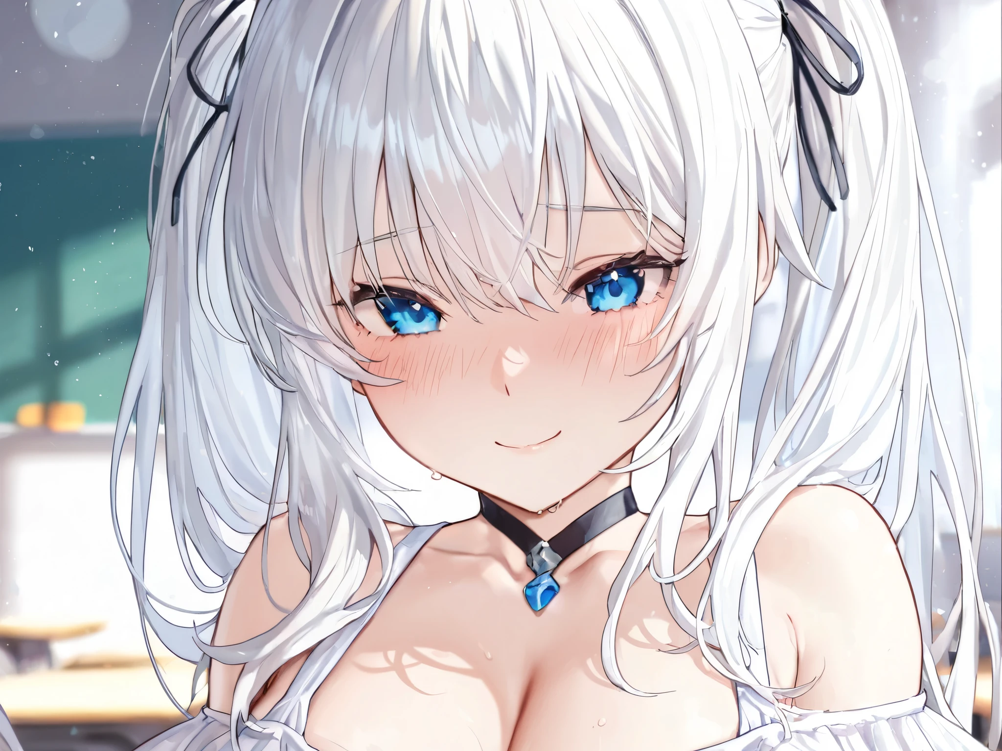 ((masterpiece, maximum quality, ultra quality, ultra high quality, maximum detail, well defined, 8k)), nsfw, 1 girl, ((beautiful detailed blue eyes)), ((bright pupils, heterochromatic pupils, a red eye)), long white hair, white cat ears, ((maid, sleeveless, white gloves)), ((breasts visible, huge breasts, breasts exposed, nipples visible, topless)), serious expression.