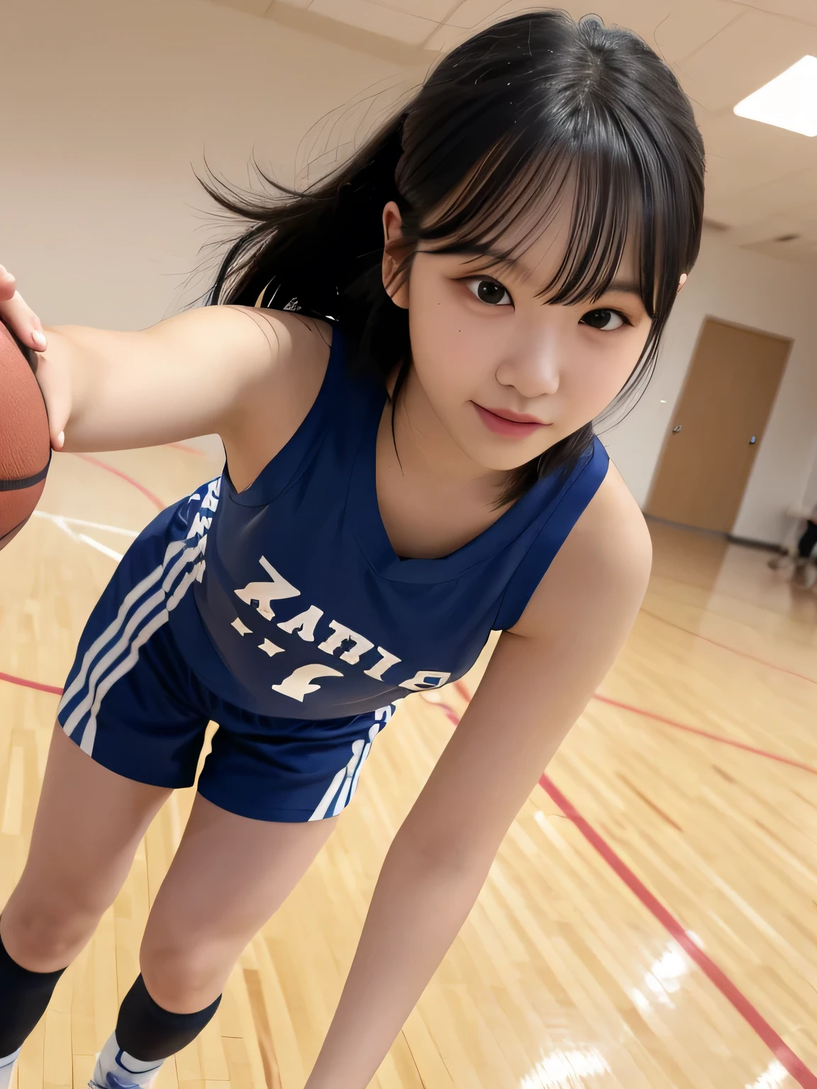 (masterpiece), (highest quality), (Very detailed), At the basketball venue, 1girl, blush, ((Lifting the basketball uniform:1.5)), Happy, View here, Big Hair, Brown Hair, shy,((slender)) ,anxiety, blush, the body is slim,(Shiny skin), from the front, From above,Long wet ears, ((topless:1.3)),(Sit with your legs apart)、(Raise your knees)、Bend your legs、Full body photo、(Focus on the groin)、Exposing thighs、Keep your buttocks on the floor、Place your hands on the floor