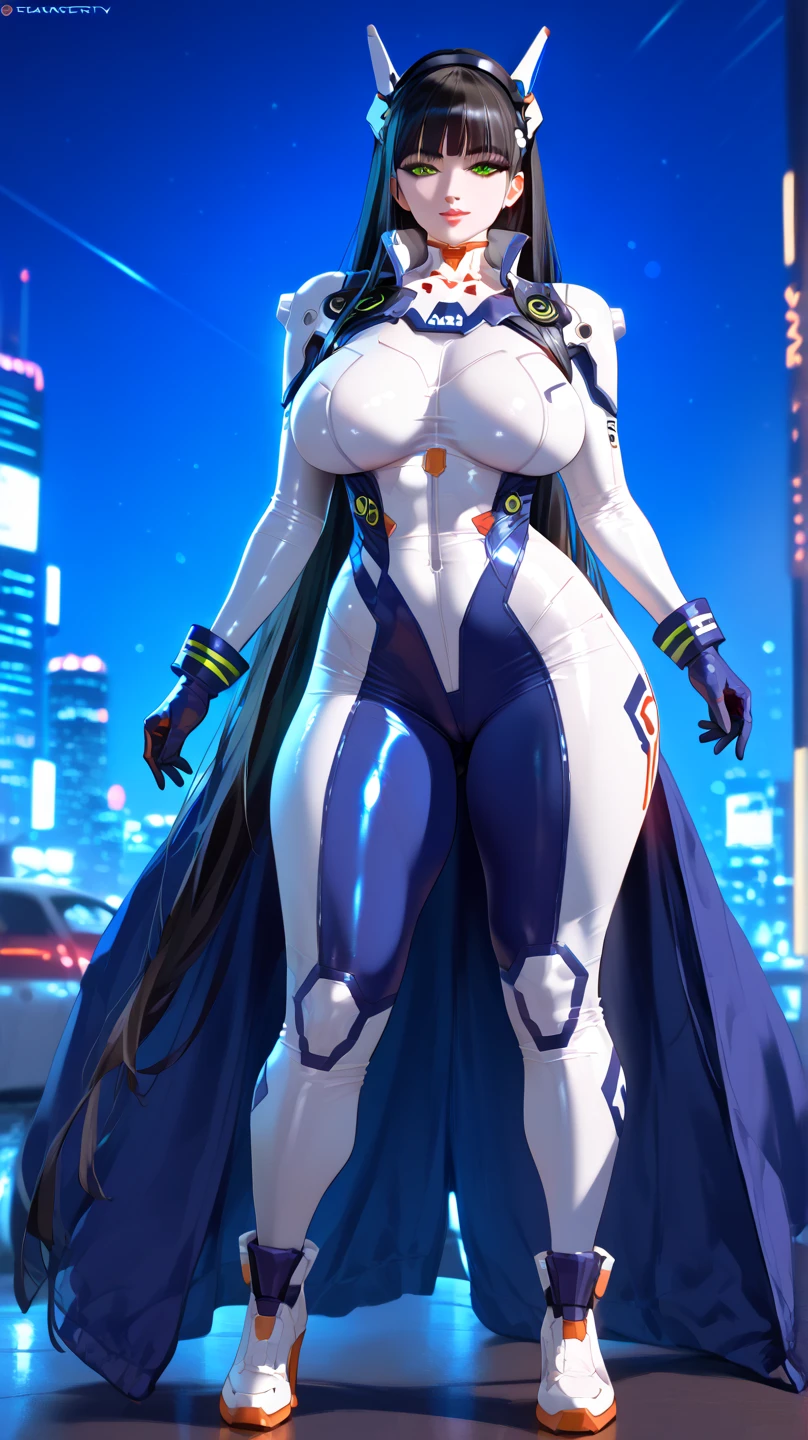 (1GIRL, alone, 独奏), (super detailed face), (Black Long Hair:1.2), (BIG BUTTOCKS, 11 LINE ABS, CLEAVAGE, HUGE FAKE BREASTS:1.5), (MECHA GUARD ARM:1.3), (A girl wearing sexy clothing，scantily clad，Whit cyberpunk sexy maillot，tight clothing，maillot，tight，fitting closely，High slit tight fitting clothing，Glowing eyes，Gloves，（A huge chest：1.4）,Large area of skin，The only person，lackluster in one's eyes，A cold expression，White woman，mechanical artificial limb,Mechanical neck，mechanical high heel stiletto boots, Slim waist, Wide hips，High target，Full body portrait，完美的woman身体，woman形象，High-tech laboratory，woman，a voluptuous figure，Mechanical joints，Cyberpunk，Half of the chest is not covered，Thigh gap， Ceramic material，Hollow waist，Facing the audience，very short shaved hair，White hair，crew cut，tomboy， giant breasts, giant ass, very curvy, shiny silver hair, bright blue coloured eyes, cyborg, robotic arms，mechanical parts，Bare thighs，Sexy clothing，Mechanical headphones，Expose buttocks,Bare waist，Large area skin exposure， MECHA GUARD ARMOR LEGS, HIGH HEELS:1.5), (THICC MUSCULAR FEMALE BODY, SEXY LONG LEGS:1.1), (LOOKING AT VIEWER:1.3), (female focus:0.886),(BRIGHT LIGHTING:1.5), ULTRA HIGHT DEFINITION,Whit，highleg leotard，cyborg，cyberpunk