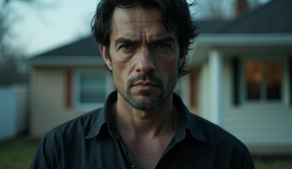 “In the driveway of a modest suburban home, a rugged-looking 40-year-old Caucasian man with tousled black hair sits in the living room with his lawyer—a 39-year-old Caucasian man with a commanding look and a serious air—and stares into the camera. His serious expression is directed straight at the camera, his piercing gaze filled with tension and unease, while his body language and the way he stands half-turned suggest that he has been caught in the act. The cool, muted tones of the scene heighten the suspense, leaving an air of mystery about his intentions.”