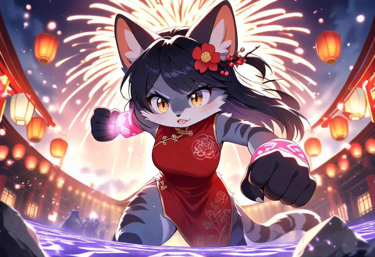 Masterpiece,high quality portrait,16k,round head,round chin,small fangs and big round eye shape:yellow/brown eyes),author: Tsu_Ji; Ookami-Chan furry female,furry,1girl,furry,furry female,Short Female Wolf,Furry Wolf,Female Wolf Kemono Head,Female Wolf Kemono Face,breasts,wolf animal ears full brown,wolf animal print,side locks,Pale Taupe brown hair,Pale Taupe brown fur,Full brown arms and hands,white under fur arms and hands,really big ahoge,furry female very long hair,Short Female Wolf,medium breasts,female wolf animal small snout nose,Female wolf pattern body fur,Female wolf long tail,white fur,young appearence,Wolf Furry,Shortstack,wearing (chinese dress,chinese wrist band,)Chinese New Years Celebration,Chinese New Years,2025 Celebration,Chinese Happy New Year,Crowd celebrating,Fireworks,smile,facing away,show ass,ass exposure,hands on hips,solo,alone,