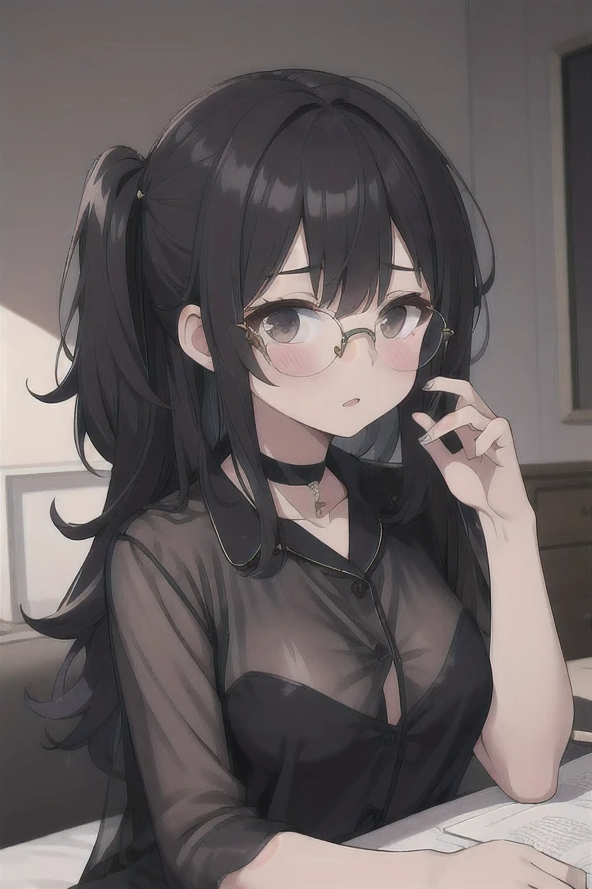 (masterpiece, best quality), 1girl, messy hair, choker, black silk pajamas, see-through, glasses,