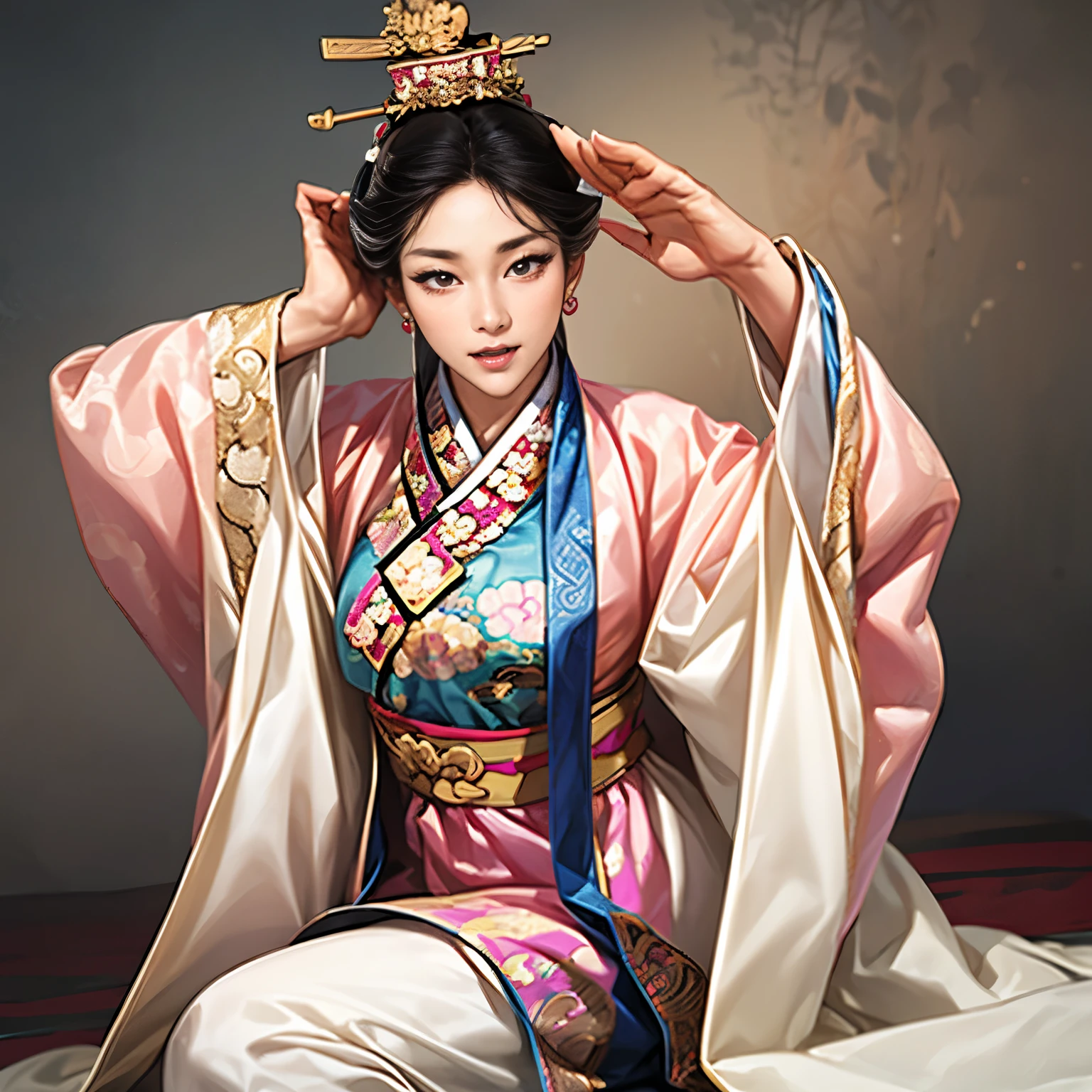 (( from the top of her head to her thighs)), Three Kingdoms illustration , Female solo, ((Korean traditional clothing:1.5)), Beautiful Woman, beautiful face pointing a sword, perfect hands, ( black hair), expression , wink your eyes, excited expression, Various facial expressions, various poses, standing pose, sitting pose, Brilliant background , blurry background