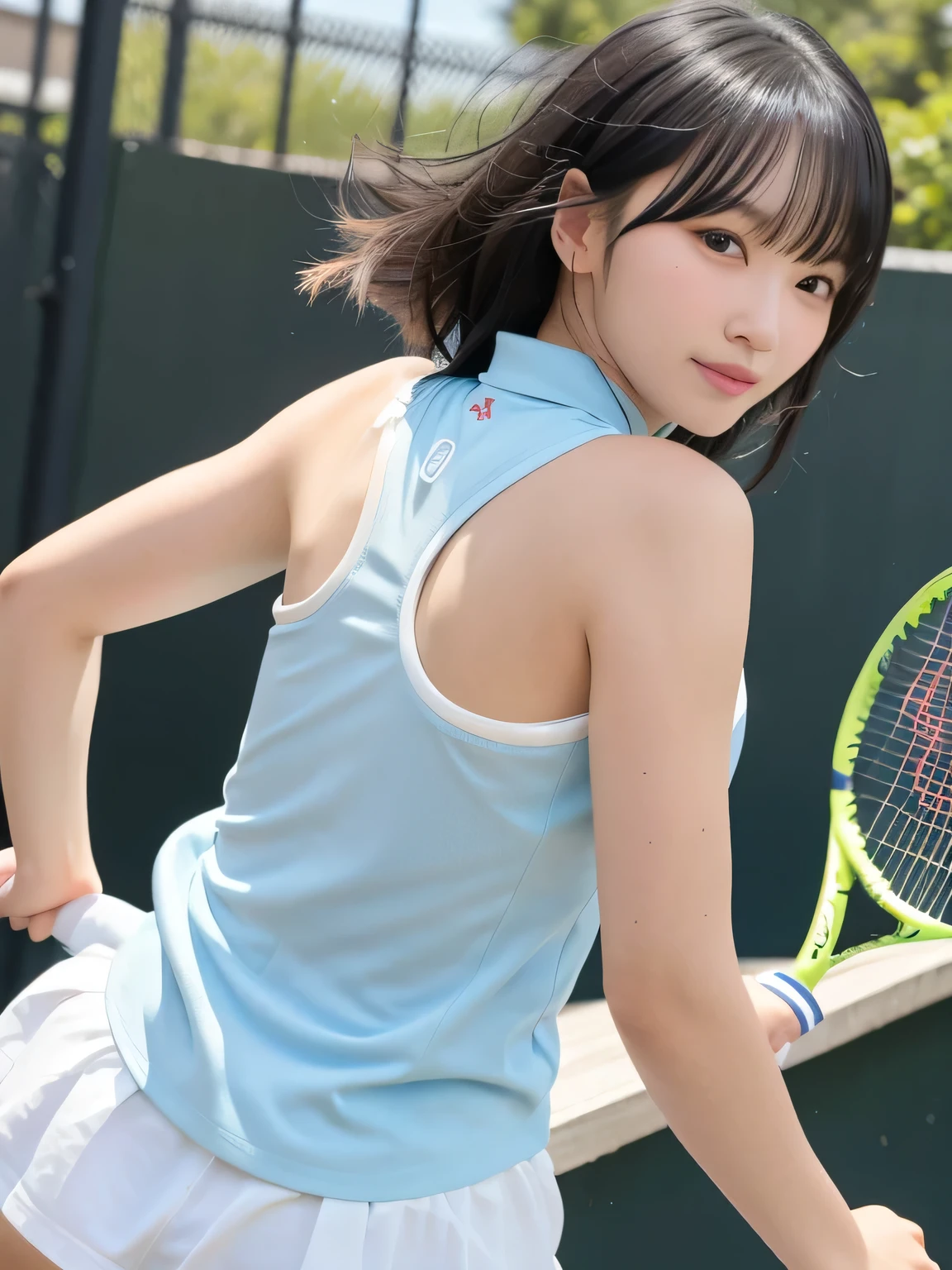 (Solo), (a detailed full-body RAW photo of a girl), (masutepiece:1.0), (Best Quality:1.4), (超A high resolution:1.2), (Photorealistic:1.4), 8K resolution, Canon EOS R5, 50 millimeters, absurderes, ultra-detailliert, (40yo), Cinematic lighting, Detailed beautiful face, (no-makeup:1.2), (ulzzang -6500-v1.1), petite figure, Detailed skin texture, (flat chest:1.4), (skinny and fit body:1.6), Detailed brown hair,  sweltering,(Very short hair:1.5), See Through wear, no bra, (nike blue and white thin tank top with erect nipple and thin tennis skirt:1.5), upskirt, wind, More transparent, realistic glistening skin, Detailed texture, Cameltoe, well-developed abs, wet wear, stylish pose, panty shot from below, crotch focus, blue sky, (satomi ishihara:0.7), bikini tan,