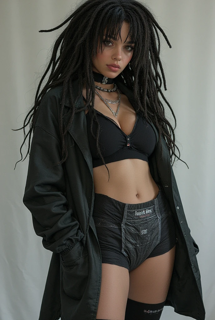 a beautiful punk goth girl with dreadlocks, wearing thickened adult pull ups, highly detailed, photorealistic