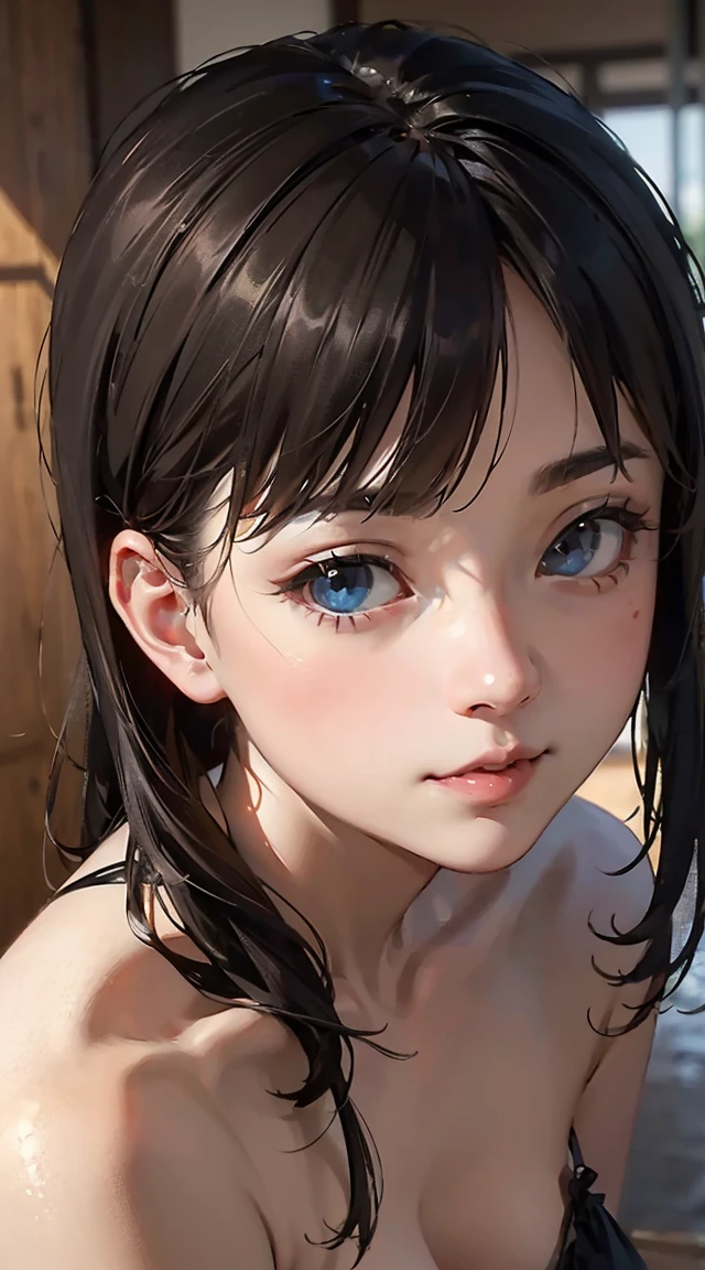masterpiece, High resolution, perfect face, beauty of japan, 30 years old, beautiful face, hot spring, embarrassed look, (top quality eyes), (detailed texture), look at me, Married woman, cool women, (high resolution eyes), black hair, nude, taking shoower