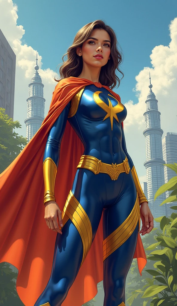 Khamala, brown eyes, dark brown hair,lips, standing, smiling, upper body,
KhanSuit,blue domino mask, red scarf, tight red and blue bodysuit with gold trim, blue footwear, gold bangle,
flying ship, sky,
(insanely detailed, beautiful detailed face, masterpiece, best quality) <lora:Khamalakhan-10:0.7>
