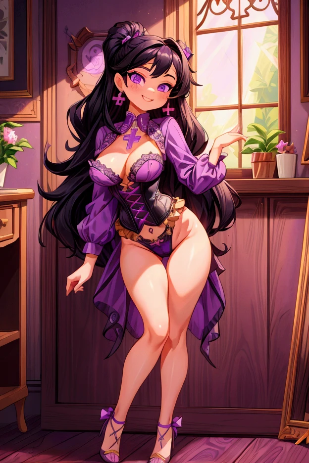 A tall sexy sensual girl, beautiful, long black hair, her brown eye, dresses in a corset, purple thread, shows her navel and a purple denim skirt, long purple heel.