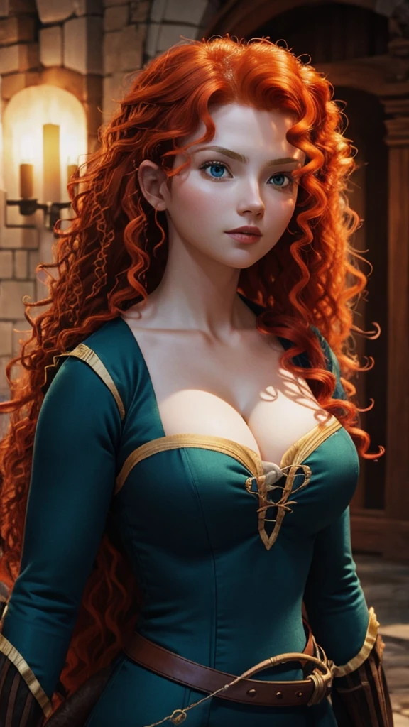 (8k wallpaper, great quality, Ultra-detailed, HD, 8K, 16K). Super hot Merida. Busty. Cleavage. Big ass. Royalty. Beautiful.